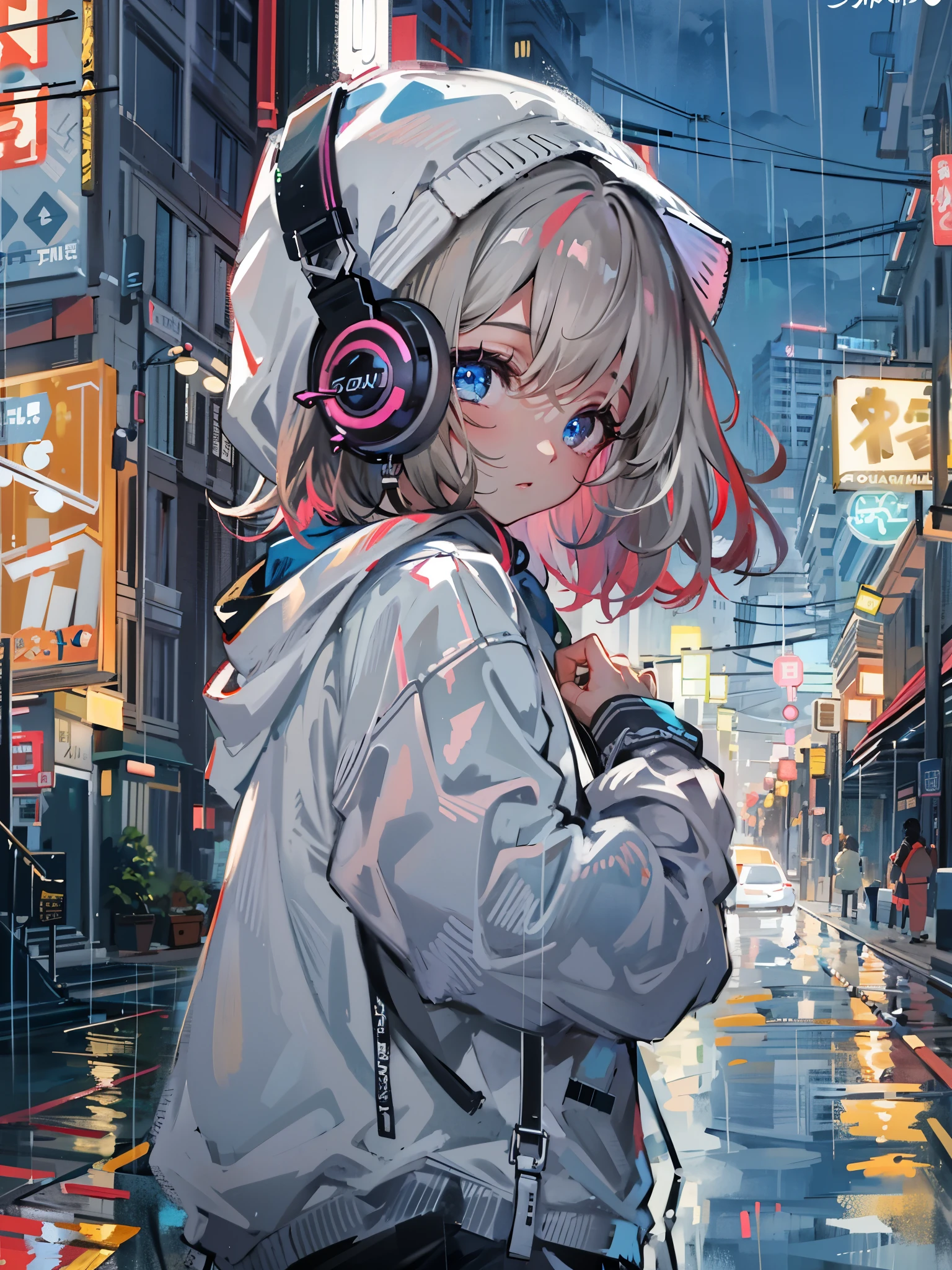 8K resolution、((highest quality))、((masterpiece))、((super detailed))、1 female、solo、incredibly absurd、oversized hoodie、headphones、street、outdoor、rain、neon、short cut hair、bright colored eyes、put one's hand in one's pocket、shorts、water dripping