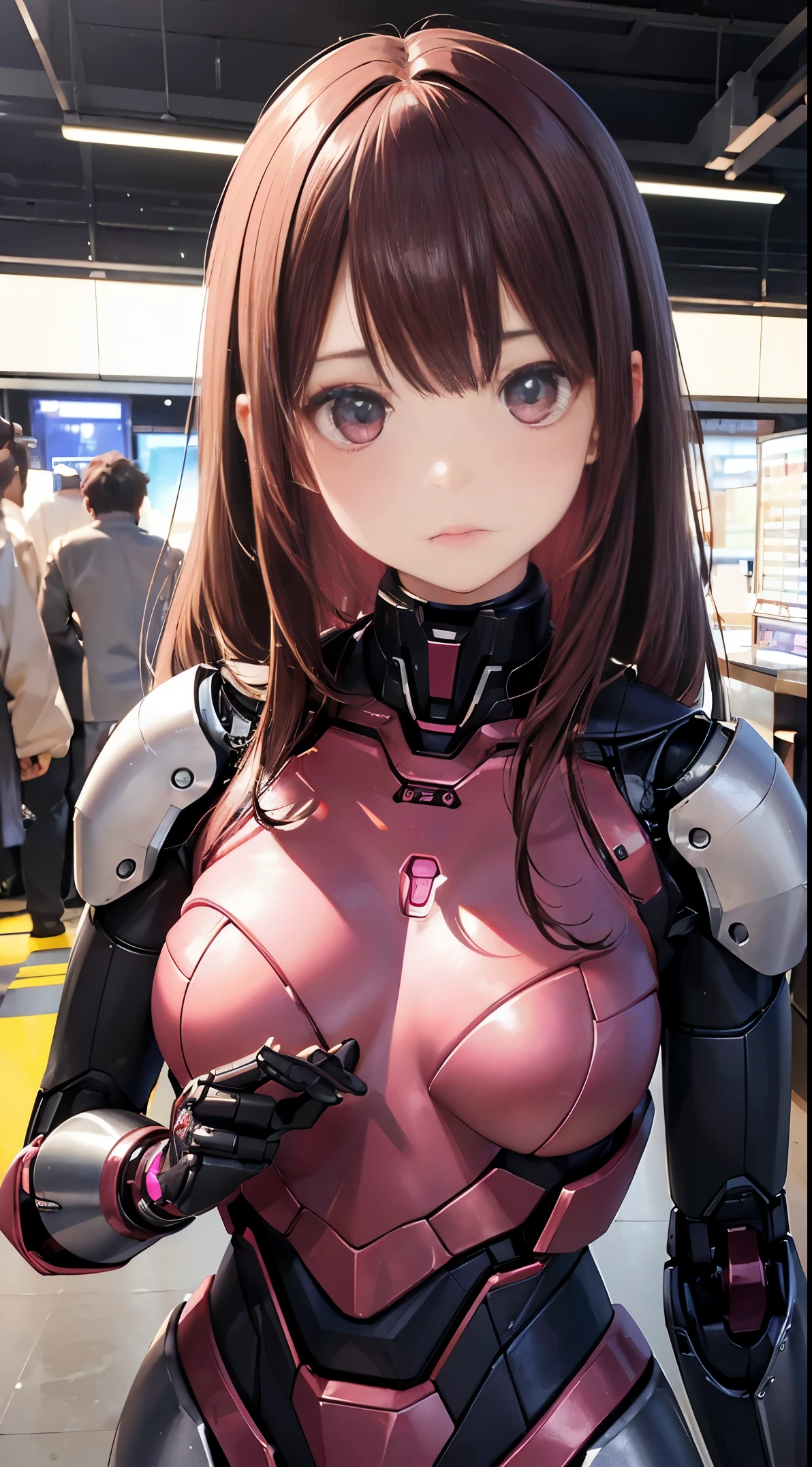 (Photorealsitic:1.4)、girl with1a person、(top-quality),(hyperdetailed face)、(Super well-formed face)、((Robot Parts))、(Cyborg girl)、(pink there)、(Burgundy)、(metalic)、(full bodyesbian)、(Moe Pose)、(thin)、(tits out)、(Model body type)、(mecha exposure)、(akihabara)、(Looking at the camera)、(A dark-haired)、(9Head and body)、(Small face)、(Well-formed fingers)、(idol)、(frontage)、(is standing)、(Photo session)、(Looks sad)、(a secretary)