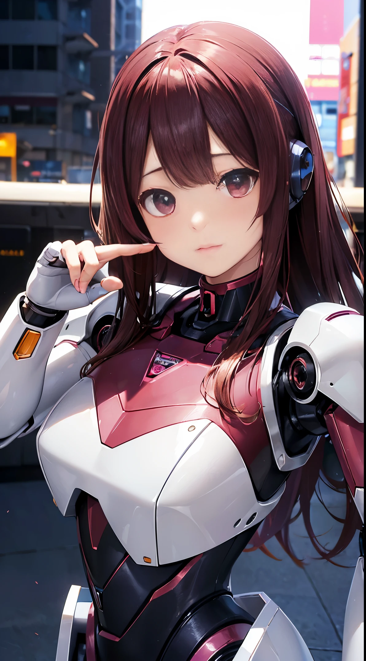 (Photorealsitic:1.4)、girl with１a person、(top-quality),(hyperdetailed face)、(Super well-formed face)、((Robot Parts))、(Cyborg girl)、(pink there)、(Burgundy)、(metalic)、(full bodyesbian)、(Moe Pose)、(thin)、(tits out)、(Model body type)、(mecha exposure)、(akihabara)、(Looking at the camera)、(A dark-haired)、(９Head and body)、(Small face)、(Well-formed fingers)、(idol)、(frontage)、(is standing)、(Photo session)、(Looks sad)、(a secretary)