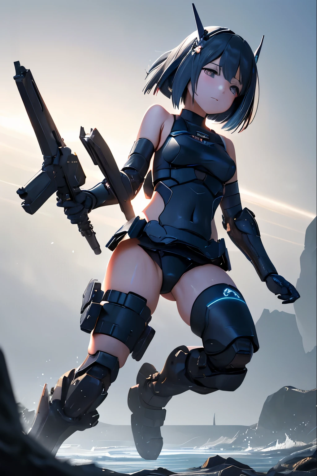 (highest quality)), ((masterpiece)), (very detailed: 1.3), 3D, {(1 girl)}, (wear dark blue Old School Swimsuit under armor:1.2), unarmored waist, wears a futuristic white Gundam mecha,(Gundam), with headgear, with v-fin , armored shoulders,armored under arms, armored under legs, dark blue Old School Swimsuit, multilayer textureperfect proportions, octane rendering, duotone lighting, Low ISO, wide aperture, White balance, Rule of thirds, ultra HD16k, HDR (High Dynamic Range), Ray Tracing, NVIDIA RTX, Super Resolution, Subsurface Scattering, PBR Texturing, Post Processing, Anisotropic Filtering, Depth of Field, Maximum Clarity and Clarity, High efficiency subpixel, subpixel convolution, particles of light, light scattered, Tyndall effect, full body:1.5, battle pose, cute, (cute:1.2), (bob cut:1.3),三つ編み, 黒髪, 太い眉毛, 薄い色の虹彩, 大きくて輝いている黒い瞳, 長いまつげ, 小さく薄い色の自然な唇, (Average face of Japanese idols), (日本人特有の童顔:1.3), (baby face), 広いおでこ:1.2, ふっくらした頬, 小さな顎, holding huge weapon, On the calm waters of Iceland,looking at viewer,Focus on the eyes