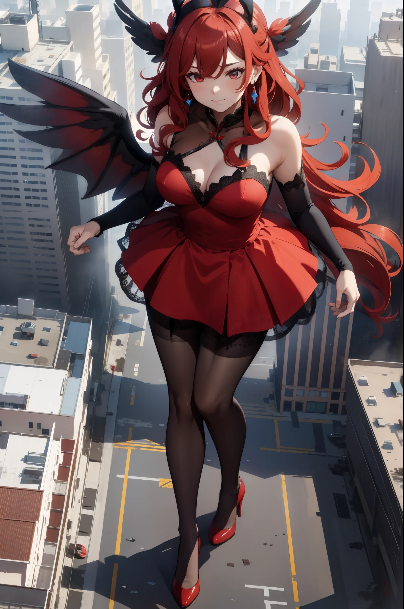 Aerial View,giant girl 50,000 feet high,Weight 1000kg,Has a pair of huge red angel wings,With huge devil horns on his head,red crown on head,Wearing red earrings,Has waist-length red hair,loose hair,Big red wavy curls,Wearing a pair of red Mary Jane high heels,red lace glove,Red lace pantyhose,Pantyhose with bow and star decorations,红色蕾丝whole body,Standing upright on a small city,Beautiful appearance,Exquisite makeup,quality,8k,高quality,Perfect proportion, Cinema lighting,film grain,Fuji colors,8k,textured skin,Super details,high detail,high resolution,fake smile,blood stains,脚底有blood stains,whole body,Obese,feather
