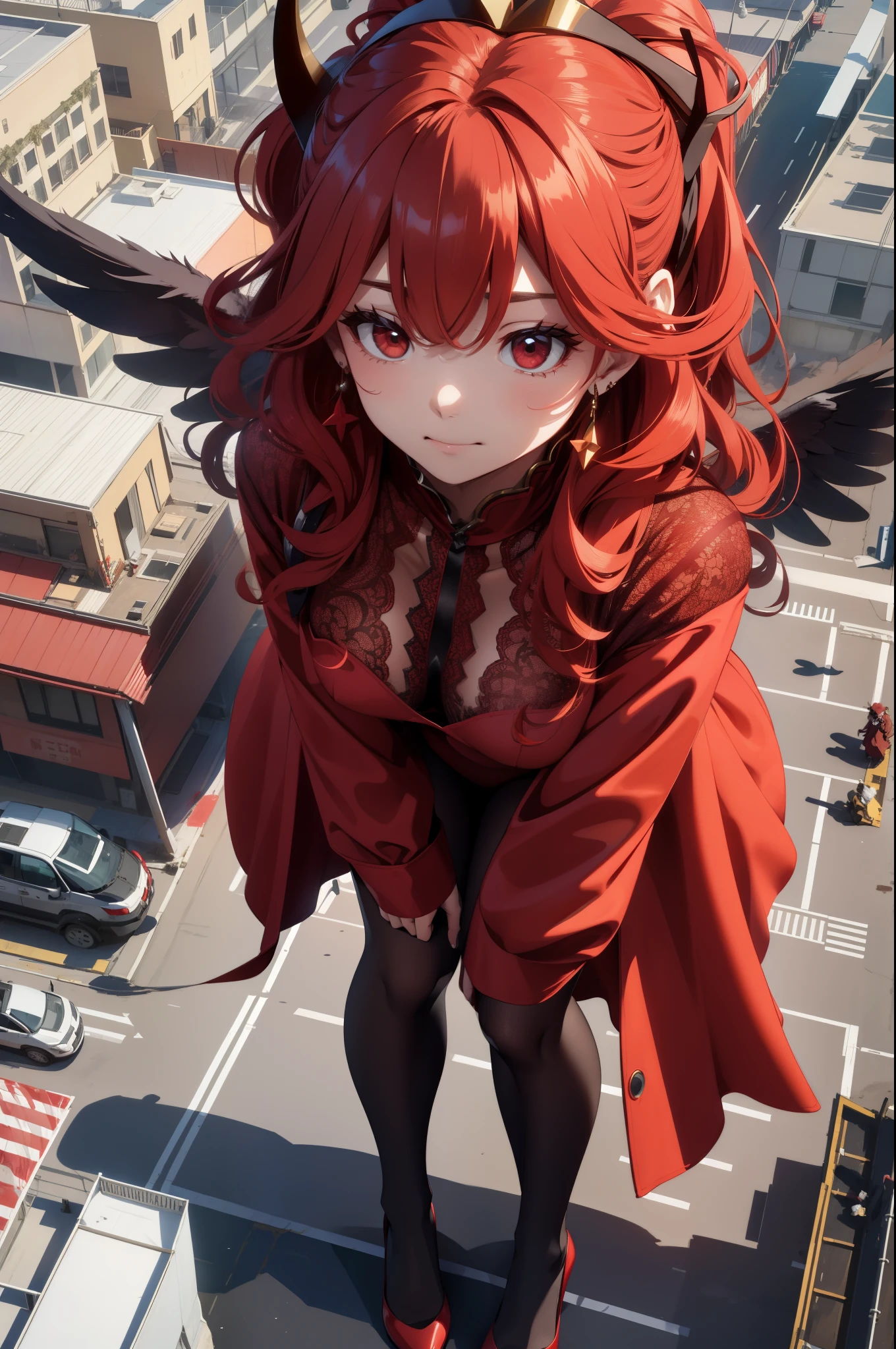Aerial View,giant girl 50,000 feet high,Weight 1000kg,Has a pair of huge red angel wings,With huge devil horns on his head,Wearing a red crown,Wearing red earrings,Has long red hair that reaches her waist and tail,loose hair,Big red wavy curls,Wearing a pair of red Mary Jane high heels,red lace glove,Red lace pantyhose,Bow and star embellished tights,红色蕾丝whole body,Standing tall above the small town,Beautiful appearance,Exquisite makeup,quality,8k,高quality,Perfect proportion, Cinema lighting,film grain,Fuji colors,8k,textured skin,Super details,high detail,high resolution,fake smile,blood stains,脚底有blood stains,whole body,fat,feather