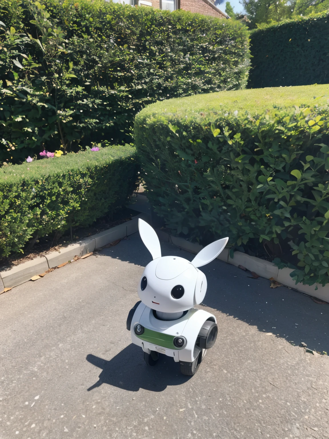 large lawn,mini robot rabbit,Ordering Robot Rabbit,cute,shrub,hyper-realistic,3D