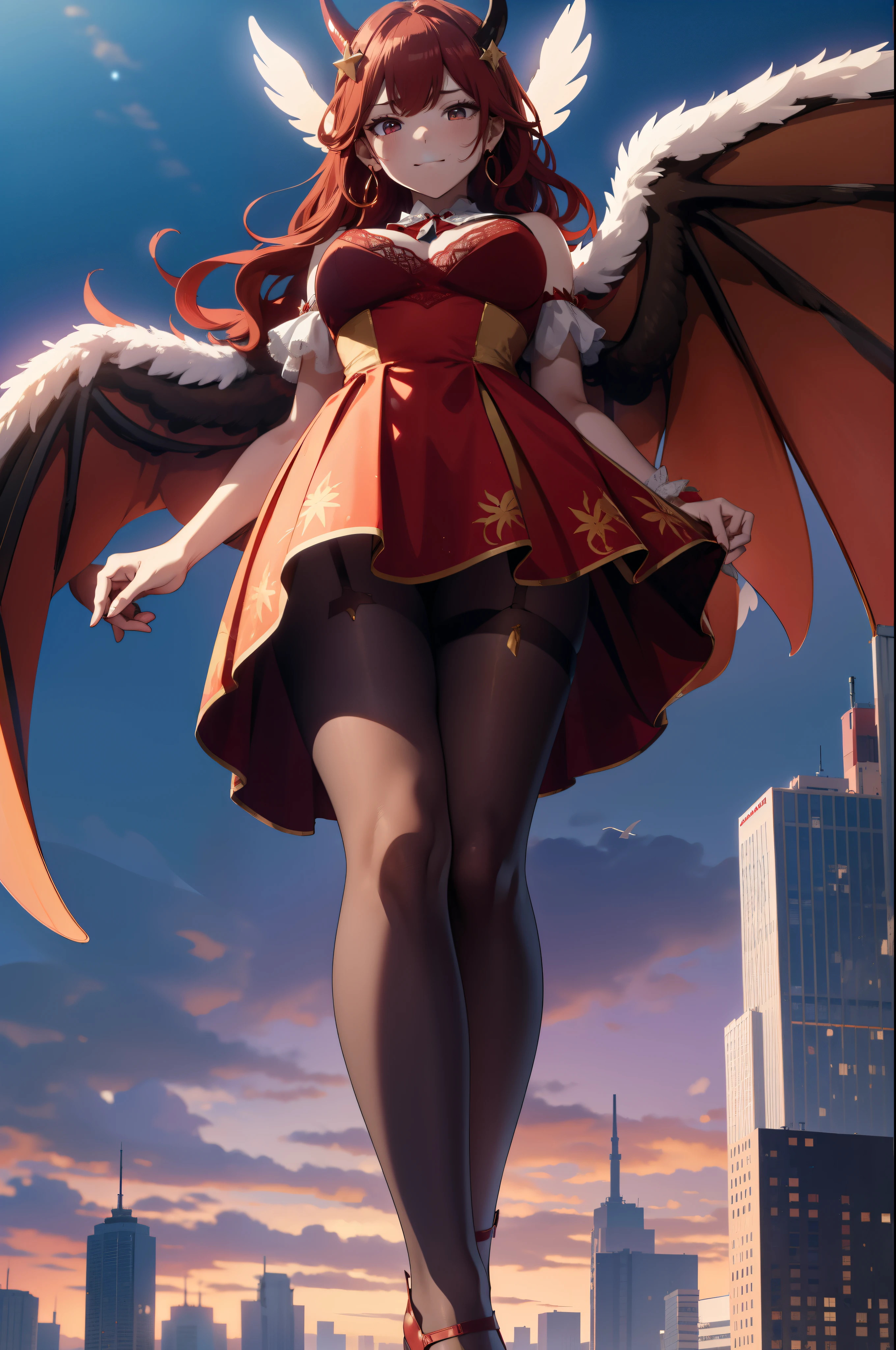 Aerial View,giant girl 50,000 feet high,Weight 1000kg,Has a pair of huge red angel wings,With huge devil horns on his head,Wearing a red crown,Wearing red earrings,Has waist-length red hair,loose hair,Big red wavy curls,Wearing a pair of red Mary Jane high heels,red lace glove,Red lace pantyhose,Bow and star embellished tights,红色蕾丝whole body,Standing tall above the small town,Beautiful appearance,Exquisite makeup,quality,8k,高quality,Perfect proportion, Cinema lighting,film grain,Fuji colors,8k,textured skin,Super details,high detail,high resolution,fake smile,blood stains,脚底有blood stains,whole body,fat,feather