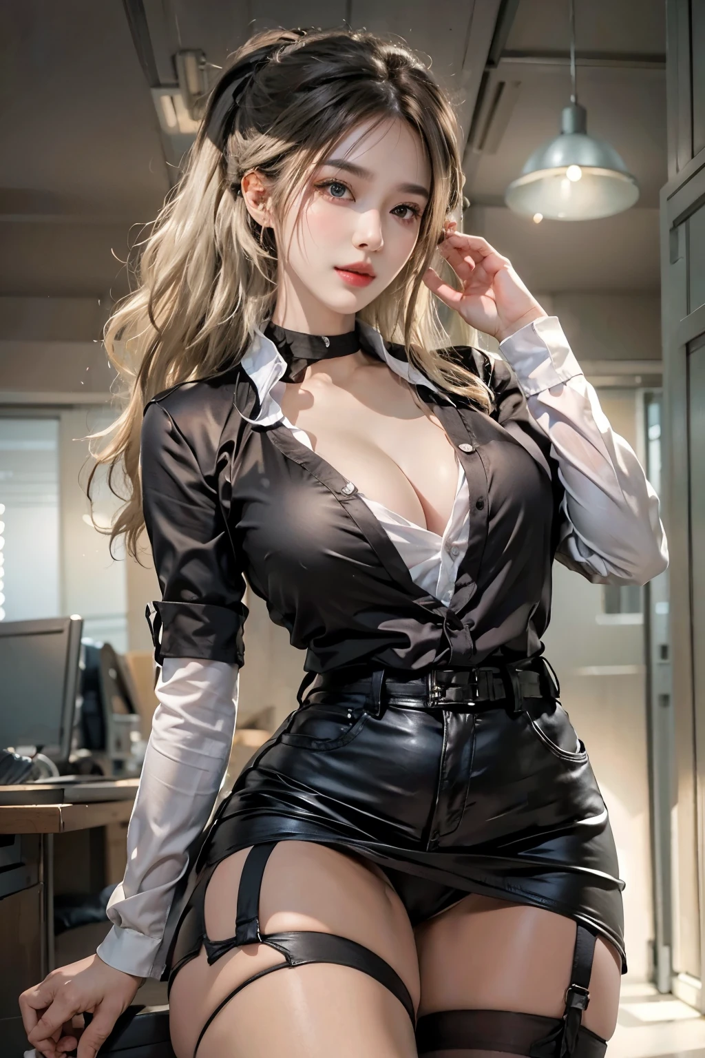 realistic, High resolution, soft light,1 female, alone, hip up, glowing skin, (detailed face),tattoo, jewelry, Secretarial Uniform, white shirt, black skirt, black stockings, garter belt, night, blonde hair, wavy hair, Beautiful Soldier, Eyes that invite the viewer, lover&#39;s perspective, an inviting look, sexy smile, perfect style, perfect balance, fine skin, naughty look, I can see your chest
