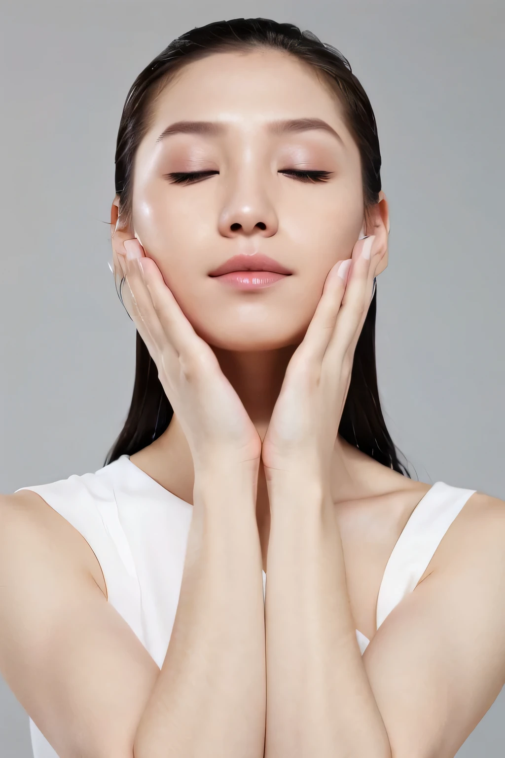 Arafad woman with closed eyes,双put hands on face, woman with porcelain skin, Korean symmetrical face, European and American faces, Smooth porcelain skin, Clean perfectly symmetrical face, Clean, Beautiful and symmetrical face, European and American facial features, put hands on face, symetrical facial, Asian beautiful face, European and American women, beautiful aesthetic face, Soft eyes and narrow chin