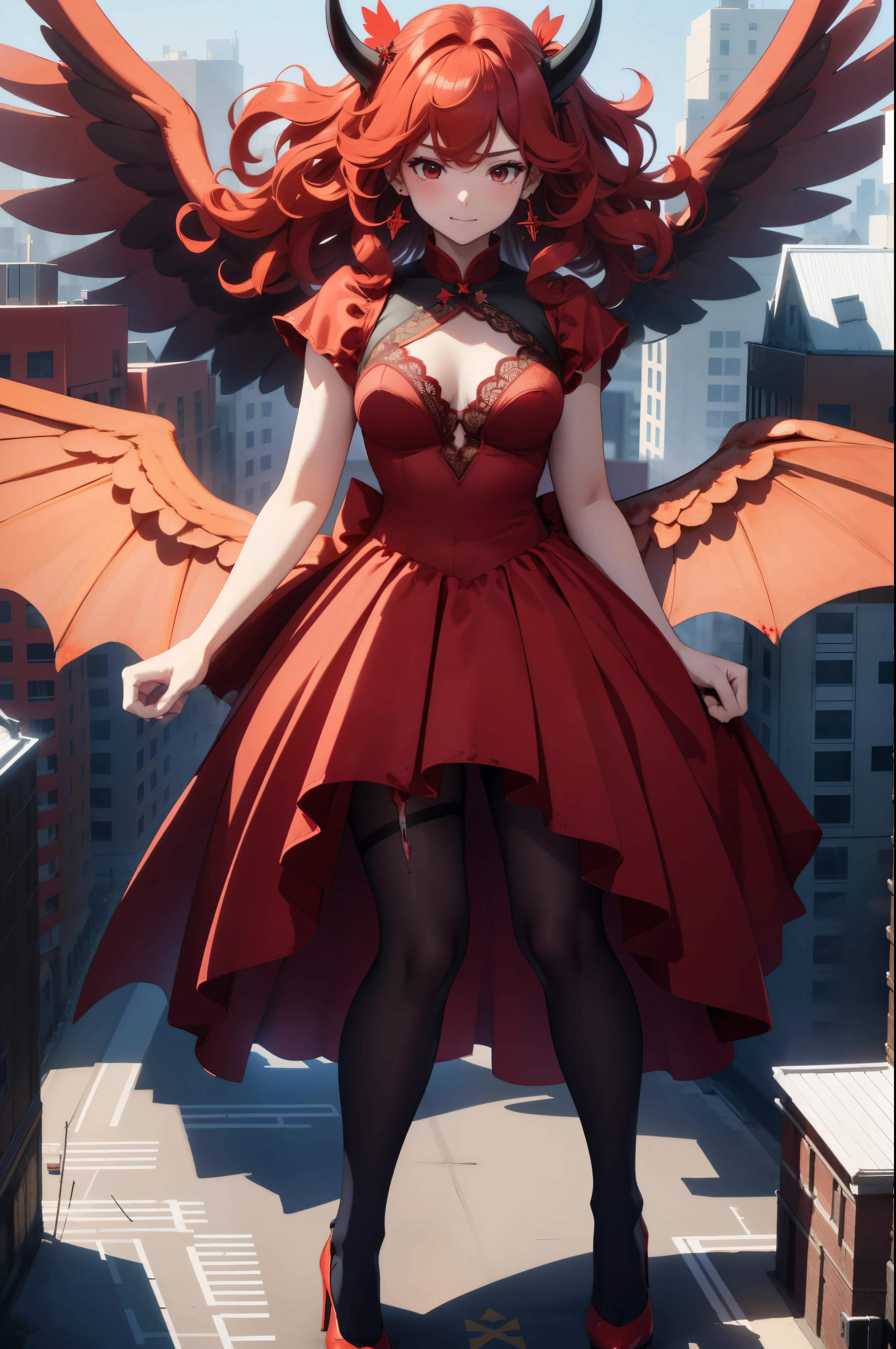 Aerial View,giant girl 50,000 feet high,Weight 1000kg,Has a pair of huge red angel wings,With huge devil horns on his head,Wearing a red crown,Wearing red earrings,Has waist-length red hair,loose hair,Big red wavy curls,Wearing a pair of red Mary Jane high heels,red lace glove,Red lace pantyhose,Bow and star embellished tights,红色蕾丝whole body,Standing tall above the small town,Beautiful appearance,Exquisite makeup,quality,8k,高quality,Perfect proportion, Cinema lighting,film grain,Fuji colors,8k,textured skin,Super details,high detail,high resolution,fake smile,blood stains,脚底有blood stains,whole body,fat,feather