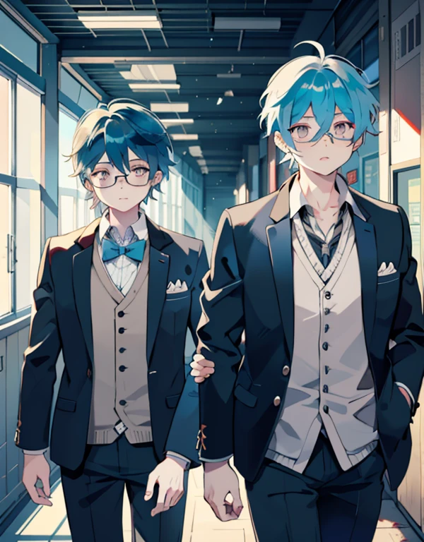 azhiichigo style,((Character concept art)), video game character design, Detailed man ,illustration,Realistic,Harmonious colors,daylight,1 boy, zombie, mature, school uniform,jacket, Cute, Genshin's influence, anime,blue hair, White skin, gray eyes,School Corridor, glasses