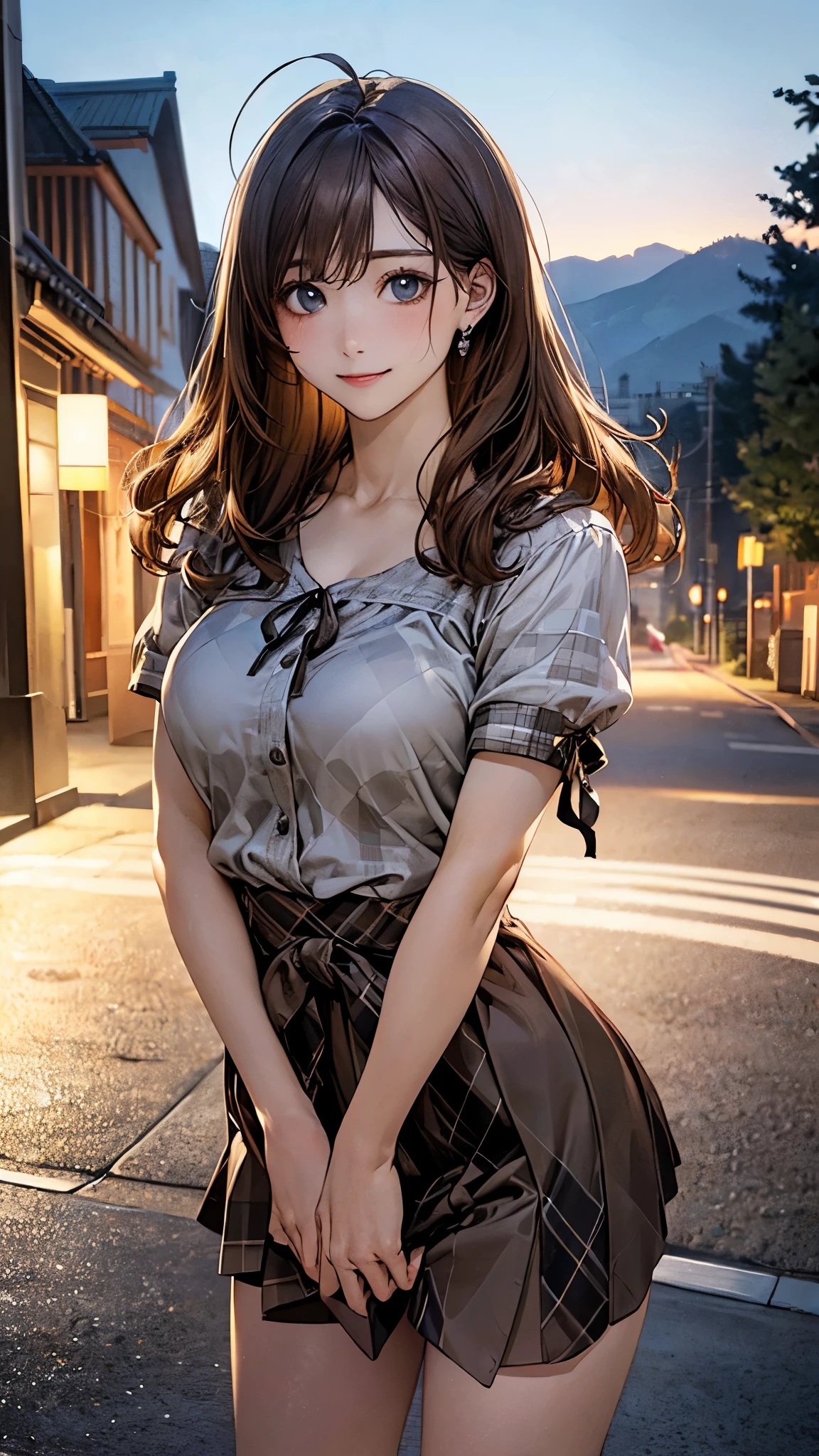 (masterpiece:1.2, top-quality), (realistic, photorealistic:1.4), beautiful illustration, (natural side lighting, movie lighting),
looking at viewer, cowboy shot, front view:0.6, 1 girl, japanese, high school girl, perfect face, cute and symmetrical face, shiny skin,
(long hair:1.8, drill hair:1.7, dark brown hair), hair between eye, emerald green eyes, long eye lasher, (large breasts:0.9, thick thighs),
beautiful hair, beautiful face, beautiful detailed eyes, beautiful clavicle, beautiful body, beautiful chest, beautiful thigh, beautiful legs, beautiful fingers,
((light purple sleeveless collared shirts, black tight mini skirt, high heels)), pink panties,
(beautiful scenery), evening, riverside, walking, hands on chest, (lovely smile, upper eyes),