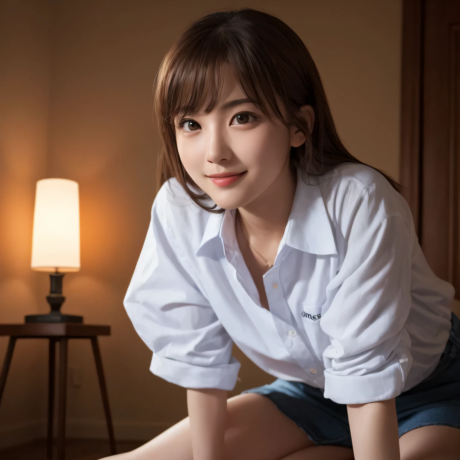 best quality, masterpiece, (lifelike:1.4), 1 girl, faint smile, collared shirt, Above the legs, dramatic lighting, from below,whole body