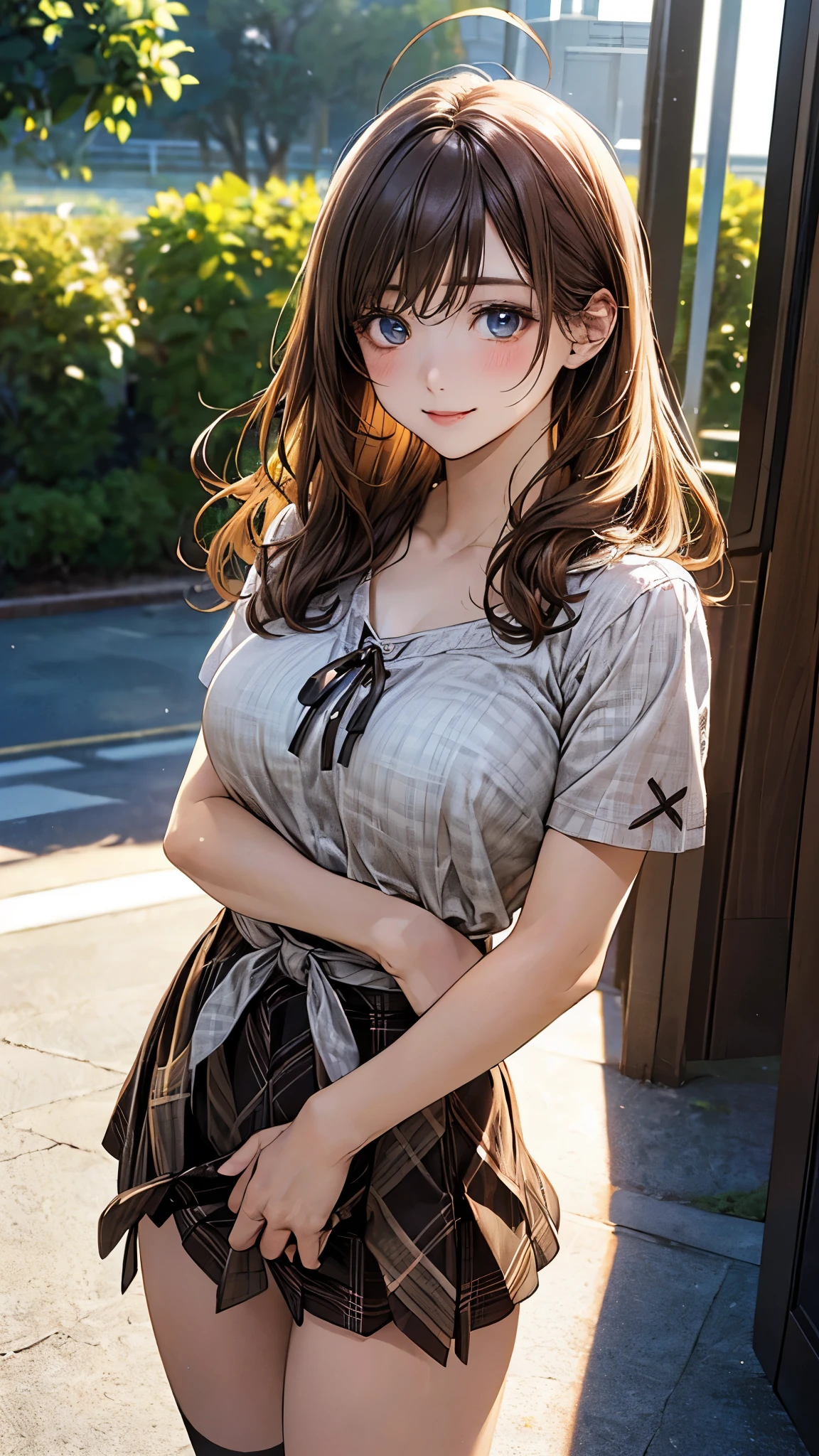 (masterpiece:1.2, top-quality), (realistic, photorealistic:1.4), beautiful illustration, (natural side lighting, movie lighting), nsfw,
looking at viewer, cowboy shot, front view:0.6, 1 girl, japanese, high school girl, perfect face, cute and symmetrical face, shiny skin,
(middle hair:0.7, wavy hair:1.2, light brown hair), bangs pinned back, ahoge, blue eyes, long eye lasher, (large breasts:0.8, seductive thighs),
beautiful hair, beautiful face, beautiful detailed eyes, beautiful clavicle, beautiful body, beautiful chest, beautiful thigh, beautiful legs, beautiful fingers,
((detailed cloth texture, short sleeves cute yellow-grey plain pattern blouse, brown ribbon argyle check skirt, socks, brown loafers)),
(beautiful scenery), evening, riverside, standing, (cute, lovely smile, upper eyes),