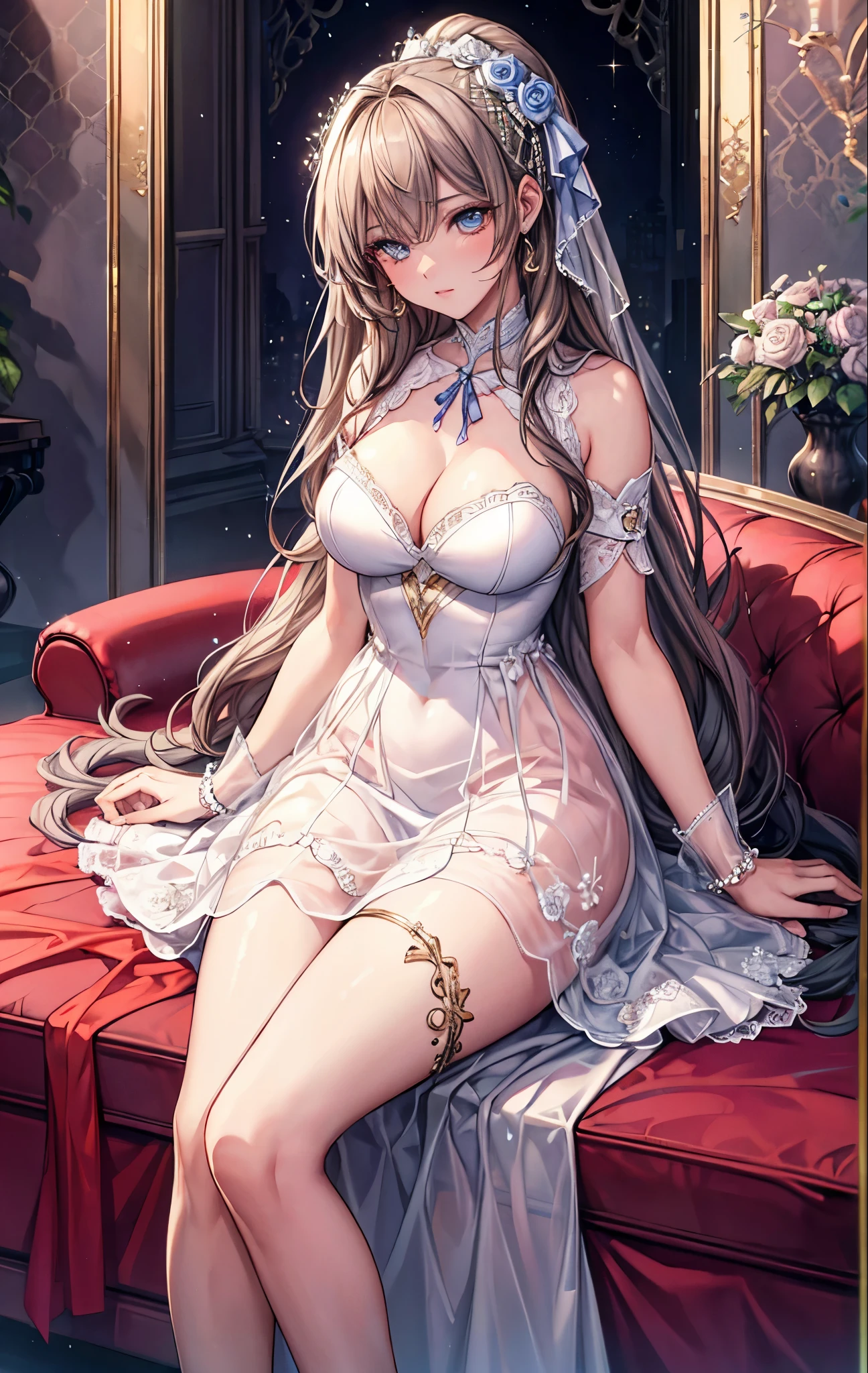 masterpiece, highest quality, High resolution, SA1, Two Beauties, luxurious dress, Sparkly eyes, thighs, false eyelashes, Cute atmosphere, straight hair, ribbon, lots of roses,