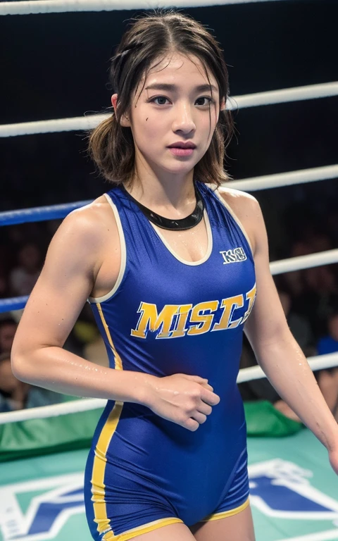 ((highest quality, 8K, masterpiece: 1.3)), sharp: 1.2, perfect body beauty: 1.4, スリムな腹logic: 1.2, ((layered hairstyles, big: 1.2)), Wet: 1.5, Highly detailed face and skin texture, fine eyes, double eyelid, Aspect looking at camera, black hair short cut, finding, bullish, logic, Sweat, (wrestling: 1.2), whole body, finding pose, Portrait photo of hot woman wearing college wrestling singlet, blonde, kick