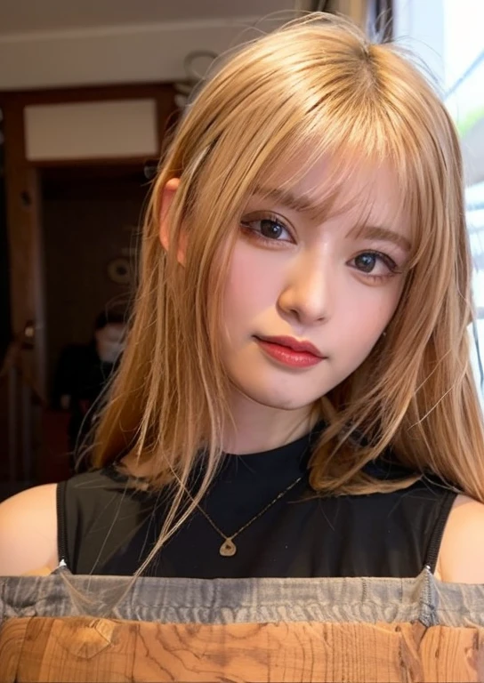 She is in a café。There is a code cup on the table.。