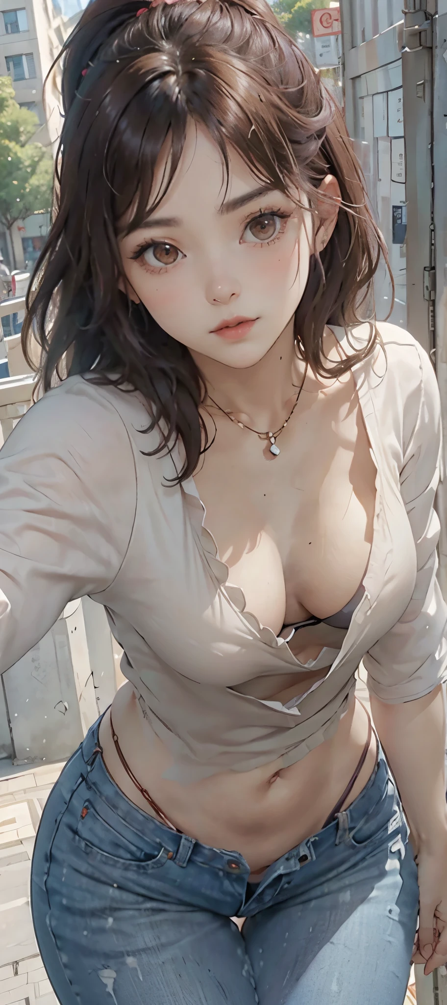 light-brown hair, small breasts, slim waist, thick thighs, shapely butt, slim body, ponytail, (((tight blouse))), cleavage, necklace, seductive posture, breast squeeze, downblouse, leaning forward, park, path, trees, flowers, distant city in the background, looking at viewer, sultry look, (((selfie)))