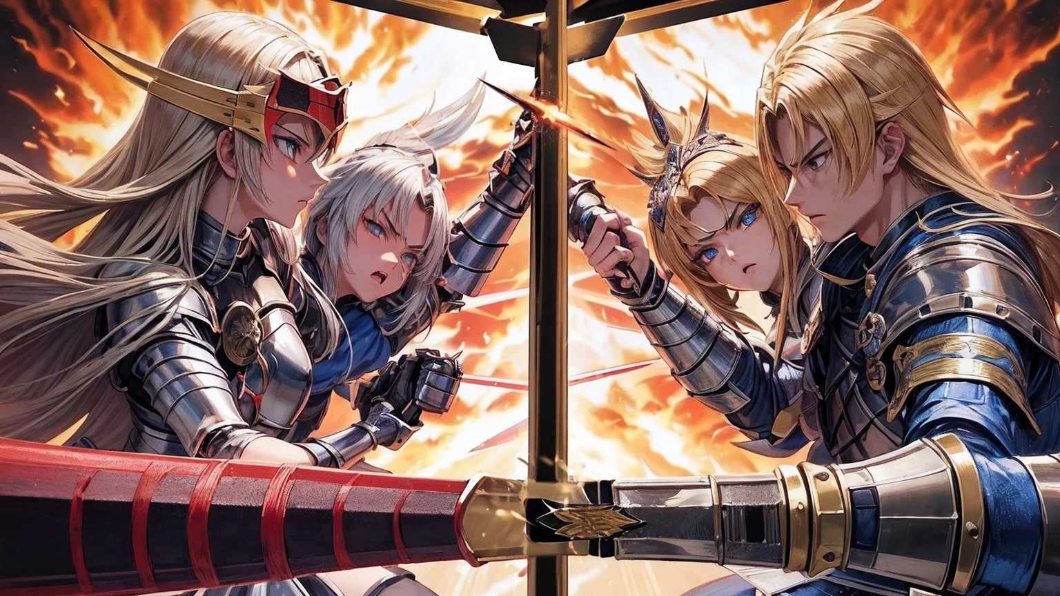 masterpiece,best quality,ultra detailed, (1 short haired Male Knight), (Equipping a fire sword), (1 long haired Female Knight, full lips:0.7), (Equipping a fire sword), (((face close-up))), blonde hair, (straight hair), (fire:1.0), castle town, (speed lines:1.3), blue eyes, (Lens Flare:0.5), (Burning-Edge:1.1), (((eye contact:1.0))), (((Rage:1.1))), (((duel:1.3)))