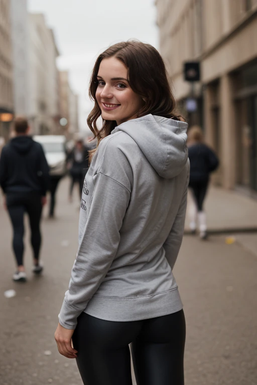 (Lidiia Filippova:1.2), (Keilih Stafford:0.9), (Felicity Fey:0.5), beautiful young woman, photo of a beautiful girl wearing casual shirt with a hoodie and leggings, city street, messy medium hair, slim body, view from back, medium upper body shot, looking at the camera, cute smile, shallow depth of field