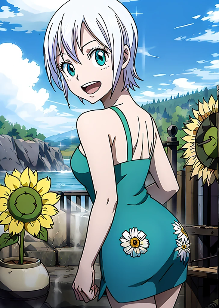 ((masterpiece)), ((best quality)), 8k, high detailed, ultra-detailed, illustration, bishoujo figure, colorful, 1girl, wearing a flowing summer dress, joyfully twirling in a field of blooming flowers, (sunflowers and daisies), (bright blue sky with fluffy white clouds), (white short hair cascading down her back), (sparkling green eyes), (carefree expression), capturing the essence of youth and happiness, name lisanna,Face similar to Lisanna Strauss