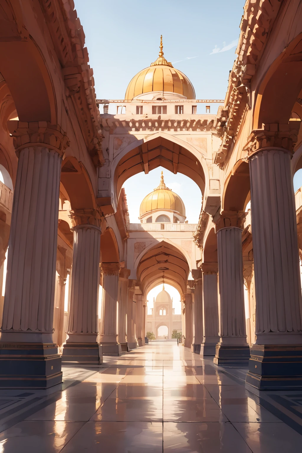 Panoramic view of Ayodhya at sunrise: Golden sunlight bathes the city, casting long shadows from towering shikharas and reflecting off the Saryu River.  Vibrant Indian colors: Saffron, orange, red, green, blue, gold, traditional textile patterns like paisleys and mandalas. A grand and majestic temple complex.
Built in a traditional Hindu architectural style, with white marble and intricate carvings.