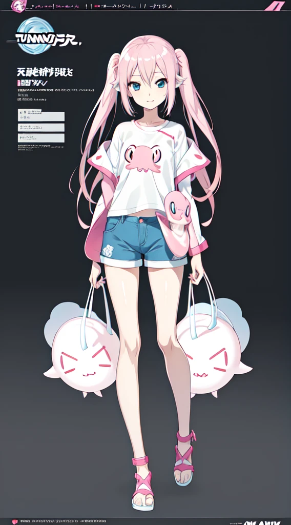 anime girl with long hair and a white top and blue shorts, anime full body illustration, official character art, ( ( character concept art ) ), anime character, pretty anime character design, anime character art, twintails, full body portrait of a short!, humanoid pink female squid girl, full body picture, anime character; full body art, anime style character