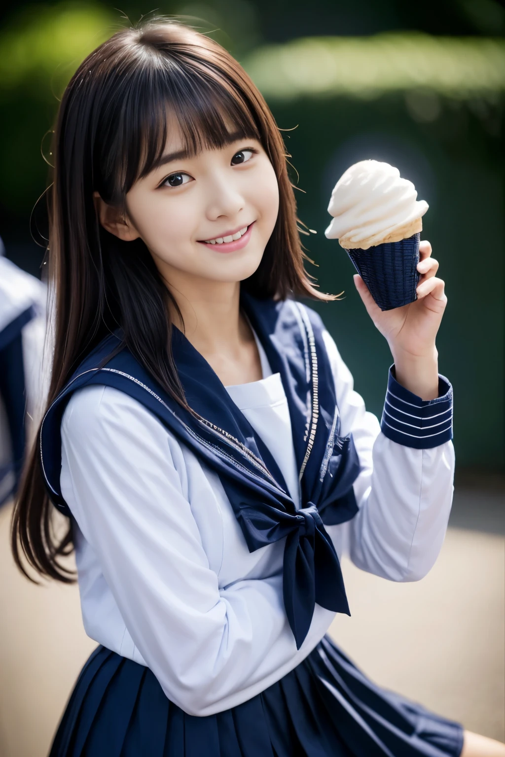 exemplary Japanese beauty、 japanese model, 16 year old female model,  In 4K、black hair、bangs、long hair、medium straight hair、Slightly longer bob hair、(Japanese high school girl school uniform, Navy blue long-sleeved sailor suit, navy pleated skirt:1.3),　(Idol style super cute face:1.2)、(Lick the soft-serve ice cream:1.2), beautiful figure、smile, garden、Calm、sexy、