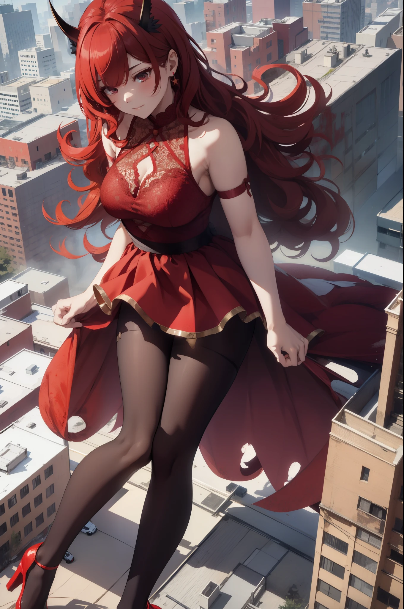 Aerial View,giant girl 50,000 feet high,Weight 1000kg,Has a pair of huge red angel wings,With huge devil horns on his head,red crown on head,Wearing red earrings,Has long red hair that reaches her waist and tails,loose hair,Big red wavy curls,Wearing a pair of red Mary Jane high heels,red lace glove,Red lace pantyhose,Pantyhose with bow and star decorations,红色蕾丝whole body,Standing upright on a small city,Beautiful appearance,Exquisite makeup,quality,8k,高quality,Perfect proportion, Cinema lighting,film grain,Fuji colors,8k,textured skin,Super details,high detail,high resolution,fake smile,blood stains,脚底有blood stains,whole body,Obese,feather