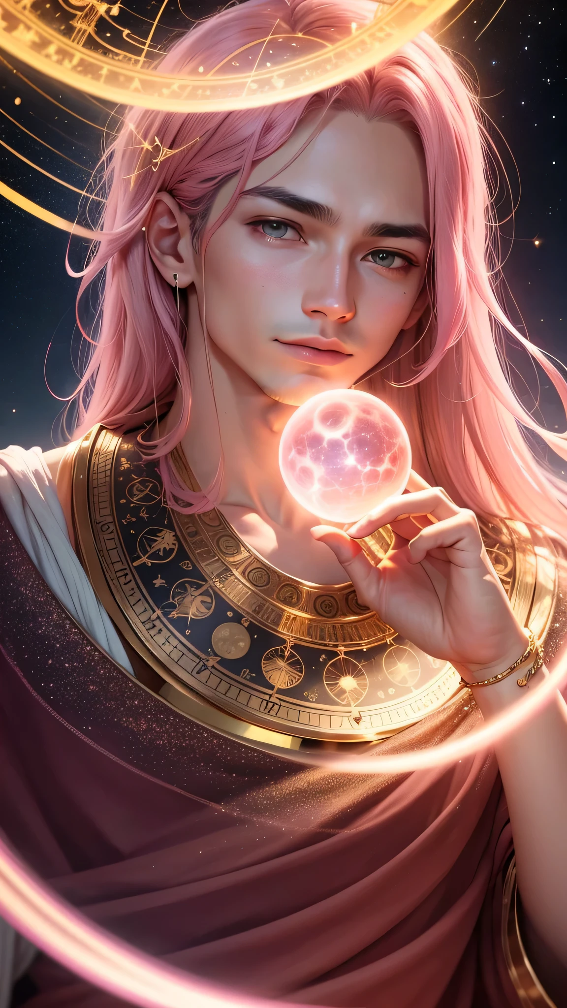 astrologer shining pink gold male'face in the center Near the ecliptic12There is a disk of constellations