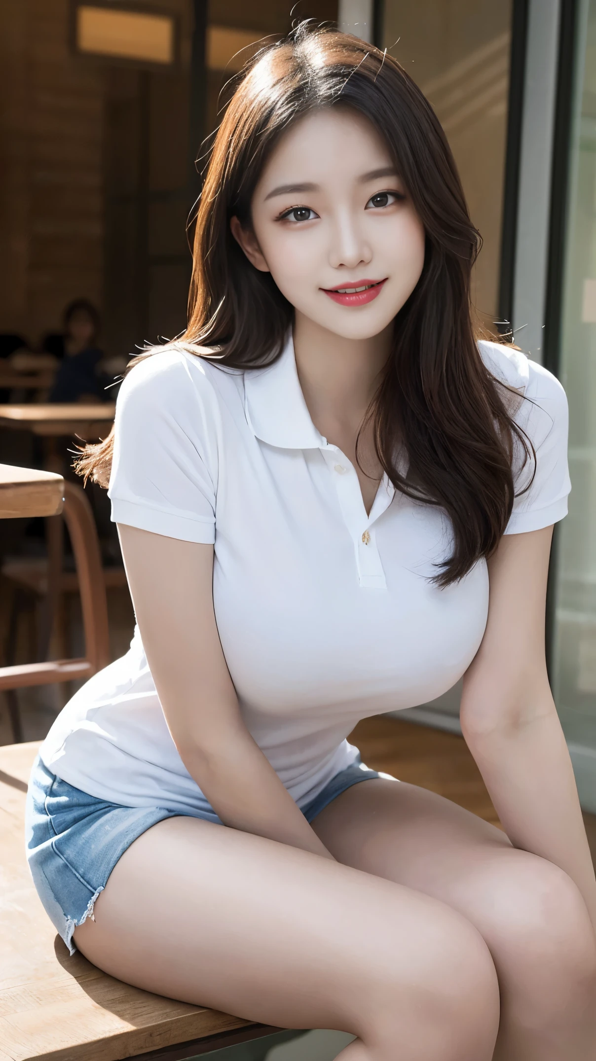 on the table, best quality, illustration, super detailed, Exquisite details, high resolution, 8k wallpaper, Perfect dynamic composition, beautiful and delicate eyes,female student、Polo shirt、thighs thighs thighs thighs, (huge :1.3)、 Natural lip color,a smile,exposing her breasts,breasts on display,huge breasts,