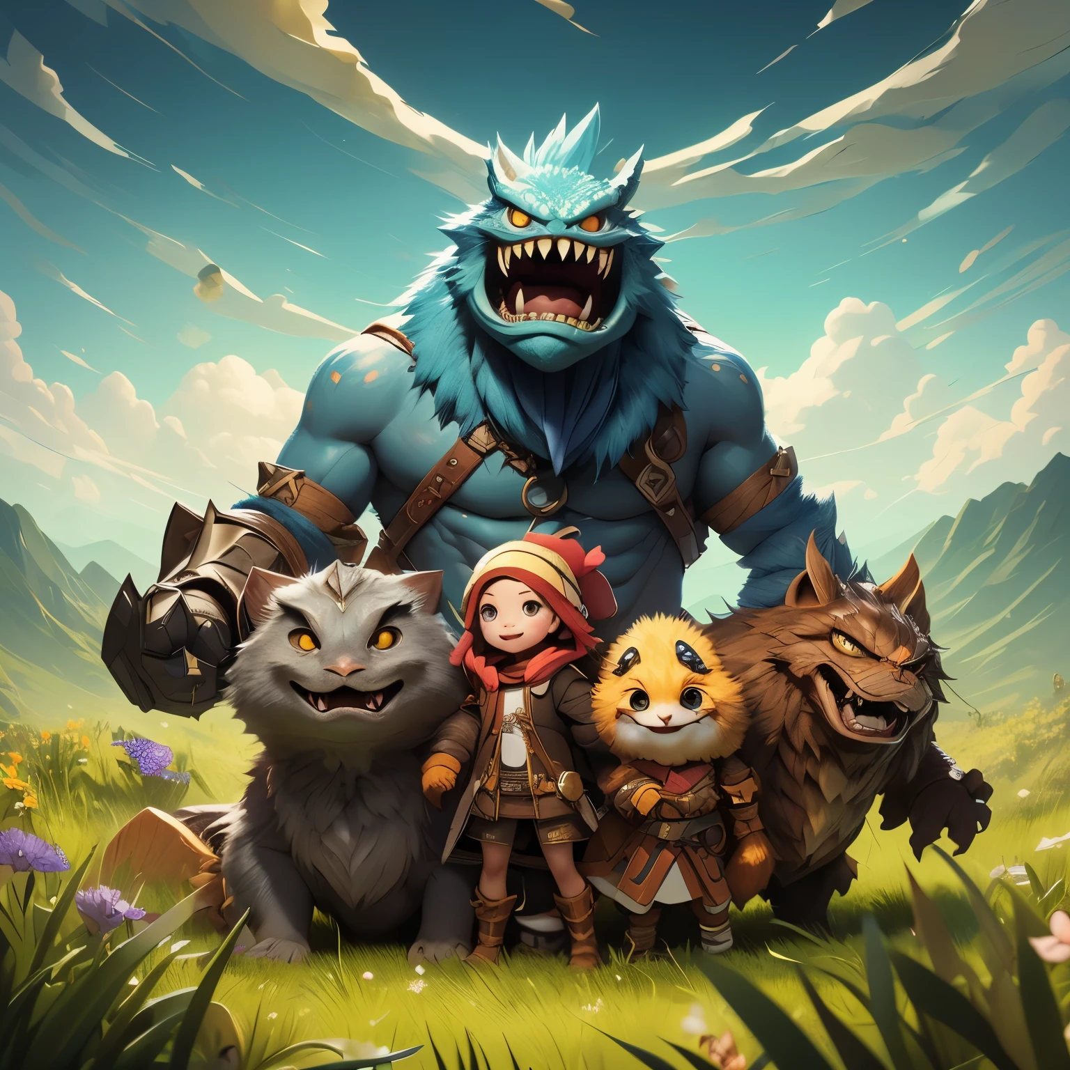 super high quality、8K、Wonderful expression with attention to detail、cute girl monster hunter、Cool monsters travel together as friends.、monster hunter character costume、Vast grassland background、