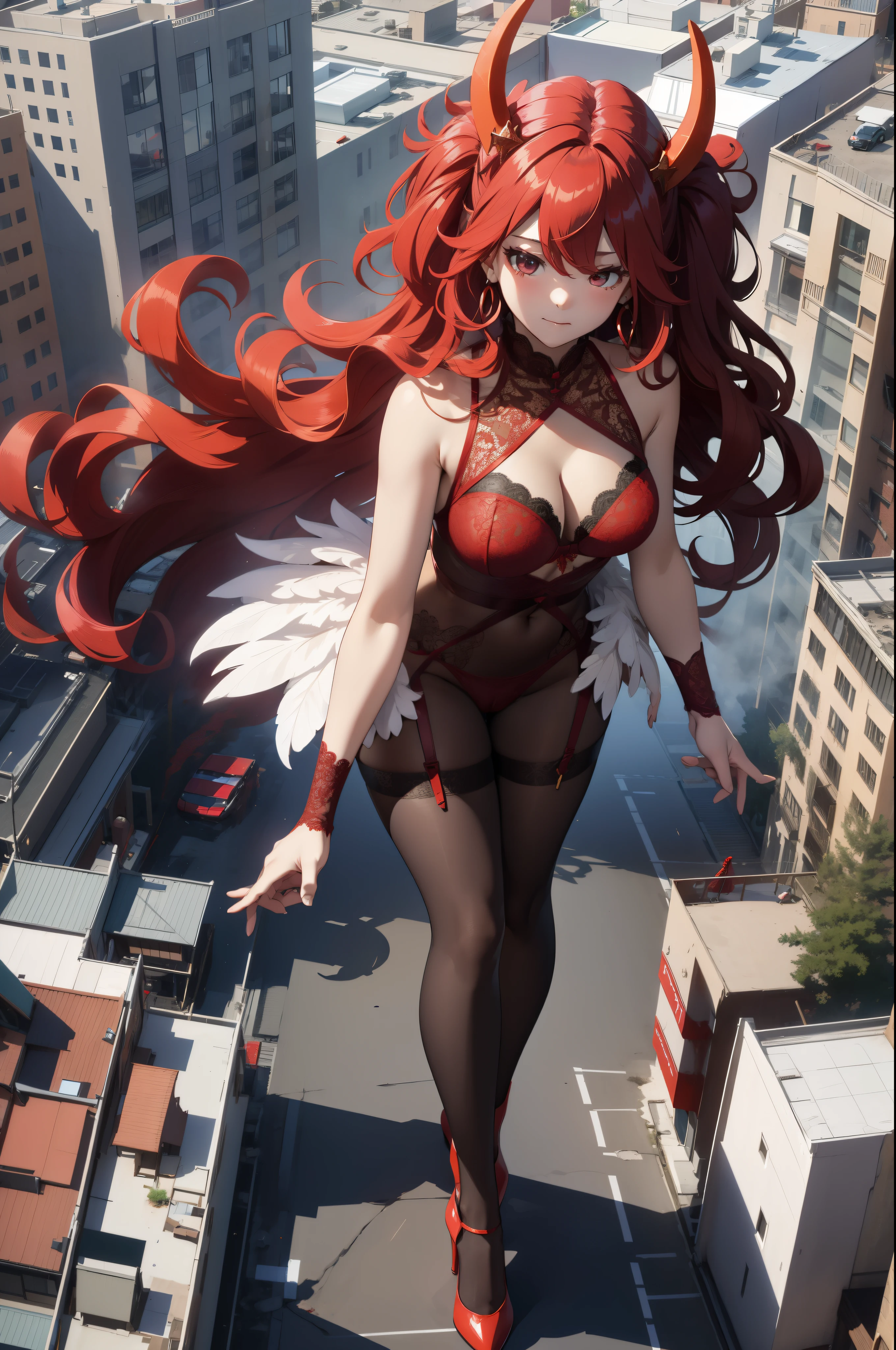 Aerial View，giant girl 50,000 feet high，Weight 1000kg，Has a pair of huge red angel wings，With huge devil horns on his head，Wearing a red crown，Wearing red earrings，Has long red hair that reaches her waist and tail，loose hair，Big red wavy curls，Wearing a pair of red Mary Jane high heels，red lace glove，Red lace pantyhose，Bow and star embellished tights，红色蕾丝whole body，Standing tall above the small town，Beautiful appearance，Exquisite makeup，quality，8k，高quality，Perfect proportion, Cinema lighting，film grain，Fuji colors，8k，textured skin，Super details，high detail，high resolution，fake smile，blood stains，脚底有blood stains，whole body，fat，feather