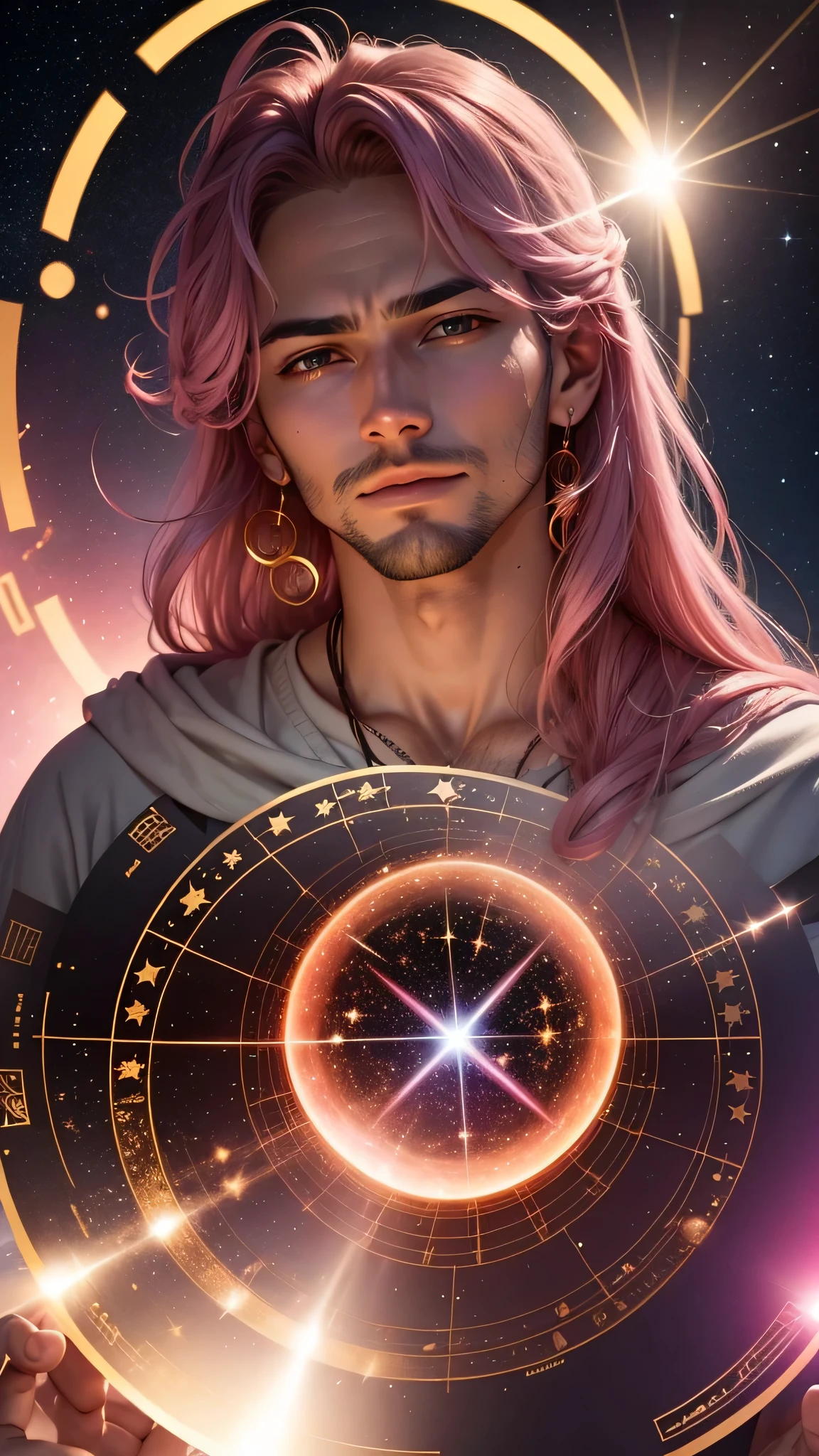 astrologer shining pink gold a handsome guy'face in the center Near the ecliptic12There is a disk of constellations