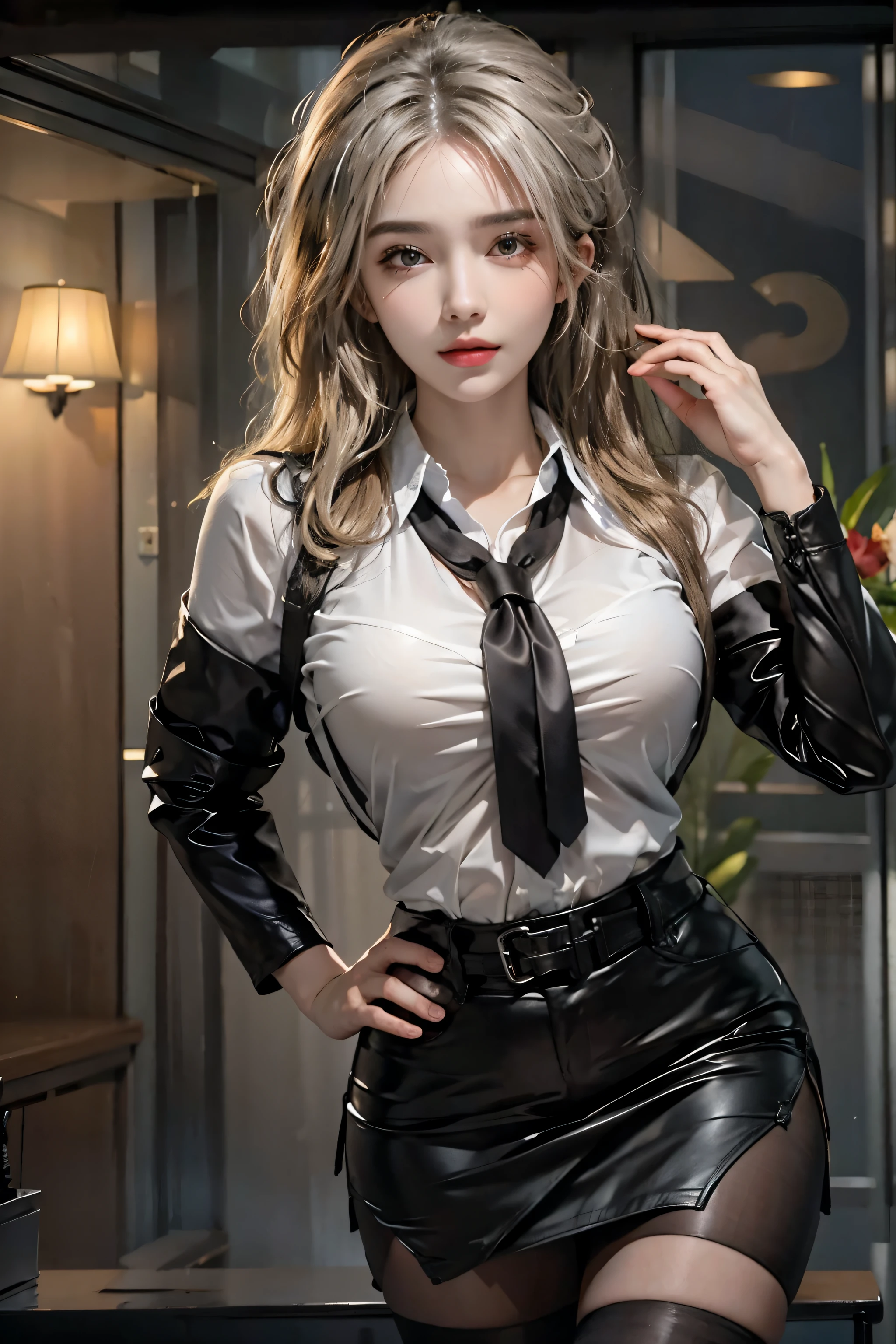 realistic, High resolution, soft light,1 female, alone, hip up, glowing skin, (detailed face),tattoo, jewelry, secretary clothes, white shirt, black skirt, black stockings, garter belt, night, blonde hair, wavy hair, Beautiful Soldier, Eyes that invite the viewer, spouse'point of view, attractive appearance, sexy smile, perfect style, perfect balance, fine skin, naughty look, I can see your breasts