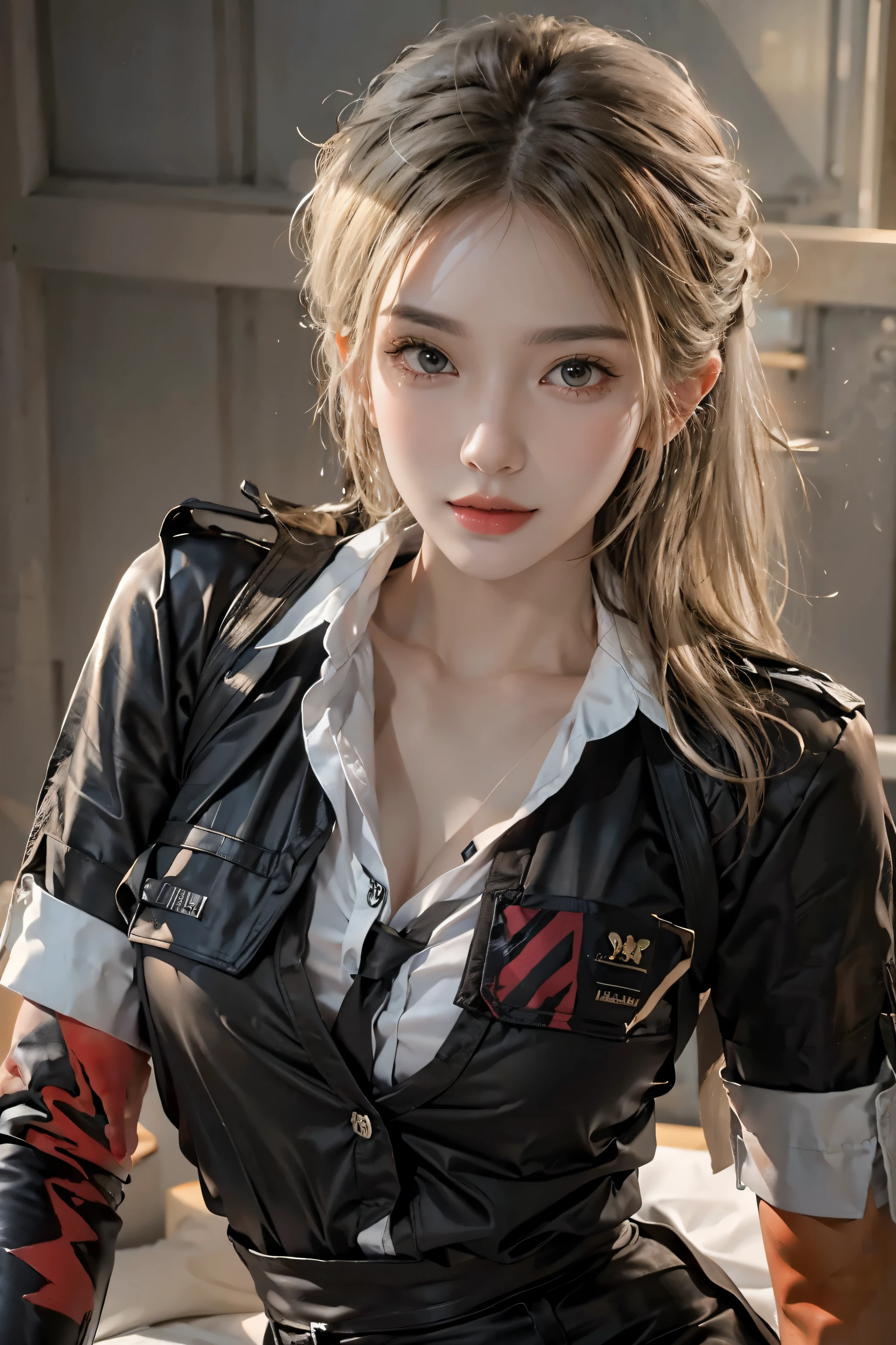 realistic, High resolution, soft light,1 female, alone, hip up, glowing skin, (detailed face),tattoo, jewelry, secretary clothes, white shirt, black skirt, black stockings, garter belt, night, blonde hair, wavy hair, Beautiful Soldier, Eyes that invite the viewer, spouse&#39;point of view, attractive appearance, sexy smile, perfect style, perfect balance, fine skin, naughty look, I can see your breasts