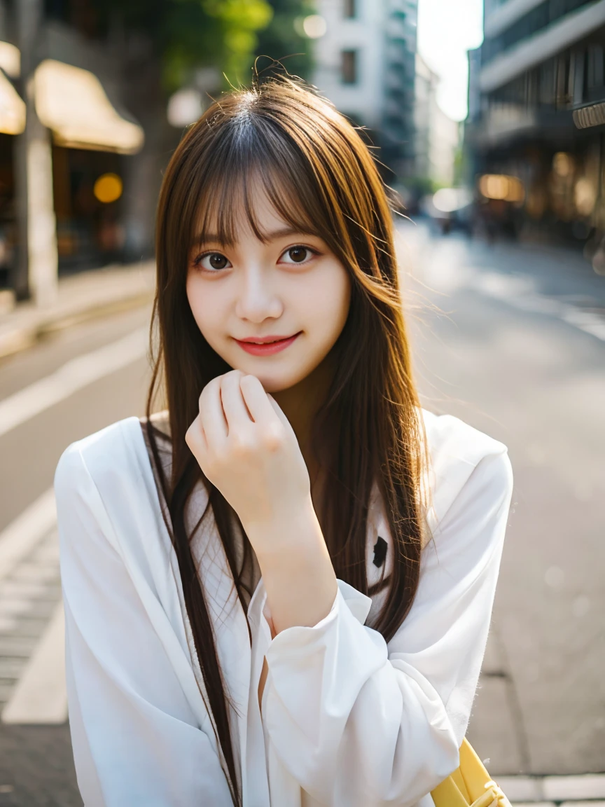 highest quality, masterpiece, ultra high resolution, 8K,1 girl,Perfect and detailed hands,detailed eyes,long hair,Random and cute clothes,random sexy poses,looking at the camera,melon face,real,smile,Urban Streets