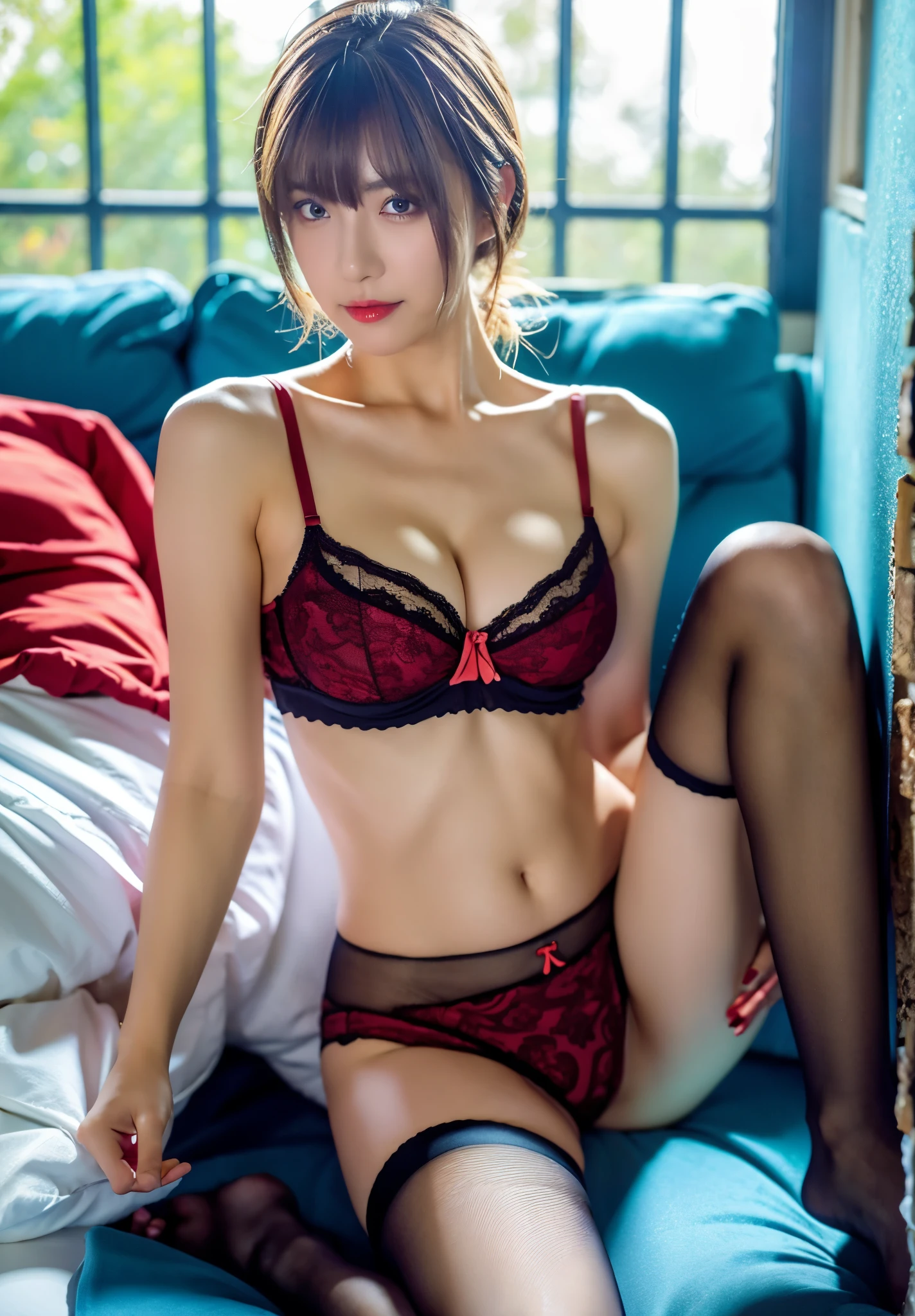 japanese idol，sexyな姿，，black hair ponytail，（look at the camera），（（open your legs）），（big breasts），（Stretch your legs apart to show your crotch、），
（Panties that dig into your crotch），（spread legs），（（spread legs、Legs up、towards the camera））、red lace transparent underwear，（Small lace panties），Fishnet tights，
enchanting eyes，the graphics are very attractive，Exposed cleavage with big breasts，sexy、Charisma、dynamic、obscene、erotic、
32k、8k、（High image quality down to the smallest detail）（Super high quality）（highest quality）
