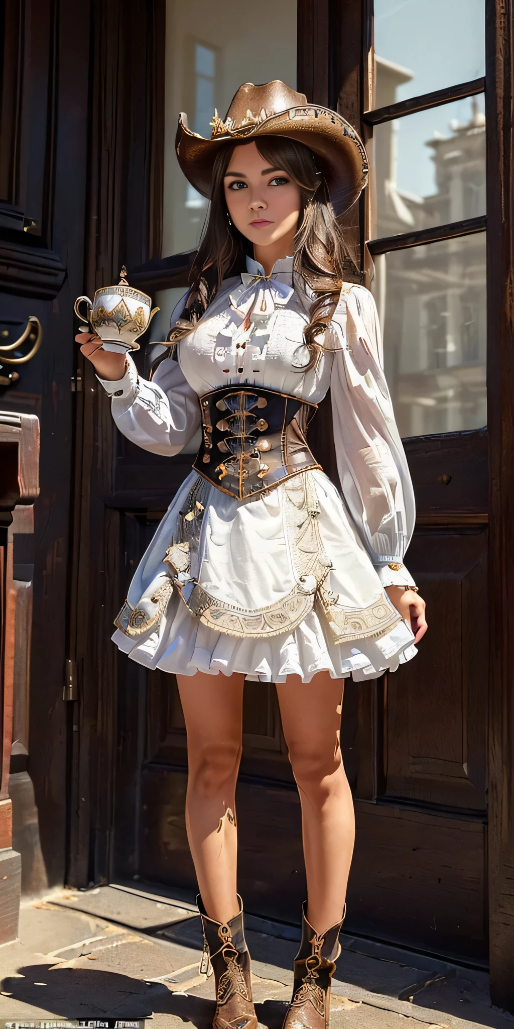 (((profesional: Paso a paso, taking into account even the smallest detail, Resultado final Nivel Dios, cuerpo completo con detalles intrincados, solo 1 chica, tiro de vaquero, imagen: todos los detalles intrincados, obra maestra))): " symmetrical face, minivestidos muy cortos, 21 year old woman wearing white victorian hat.: Copa Steampunk"