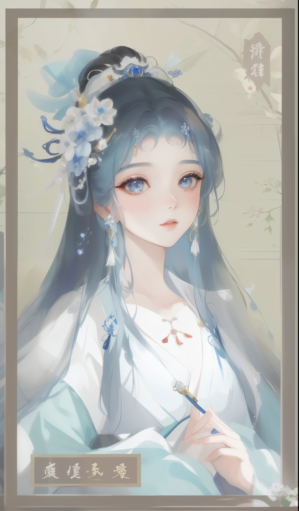 One wearing a blue dress、Close-up of woman with a flower in her hair, ((beautiful fantasy queen)), beautiful figure painting, beautiful fantasy queen, Inspired by Qiu Ying, palace ， A girl wearing Hanfu, Inspired by Huang Ji, beautiful youth spirit, xianxia fantasy, Inspired by Ma Yuanyu, Inspired by Lan Ying