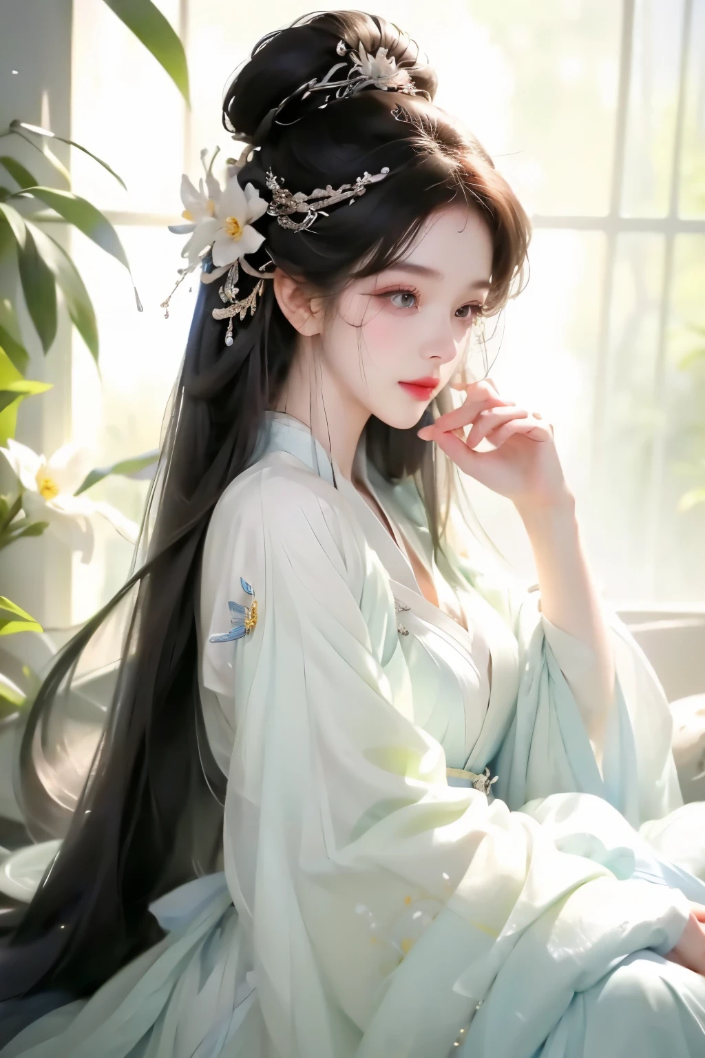 (The last one is wearing a blue dress、Close-up of woman with a flower in her hair, ((beautiful fantasy queen)), beautiful figure painting, beautiful fantasy queen, Inspired by Qiu Ying, palace ， A girl wearing Hanfu, Inspired by Huang Ji, beautiful youth spirit, xianxia fantasy, Inspired by Ma Yuanyu, Inspired by Lanying High Resolution, clearly_image), best quality, masterpiece, Very detailed, semi-realistic, black短发的女人, mature woman, triple bangs, black, black百褶裙, military uniform, Spaceship space, Control, commander