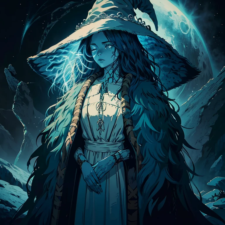 1Girl, (Ranni The Witch from Elden Ring), (Developed by FromSoftware), Her doll appearance has light-blue skin, medium-length hair, and even lighter, ice-colored clothing, with a large witch hat, a fur cloak, four arms, and a spectral second face alongside her own. One of her eyes is glowing blue, while the other remains tightly shut. In the Lands Between, a fictional Realm. Witchcore. 