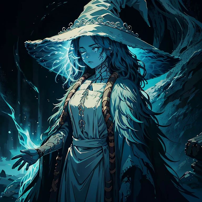 1Girl, (Ranni The Witch from Elden Ring), (Developed by FromSoftware), Her doll appearance has light-blue skin, medium-length hair, and even lighter, ice-colored clothing, with a large witch hat, a fur cloak, four arms, and a spectral second face alongside her own. One of her eyes is glowing blue, while the other remains tightly shut. In the Lands Between, a fictional Realm. Witchcore. 