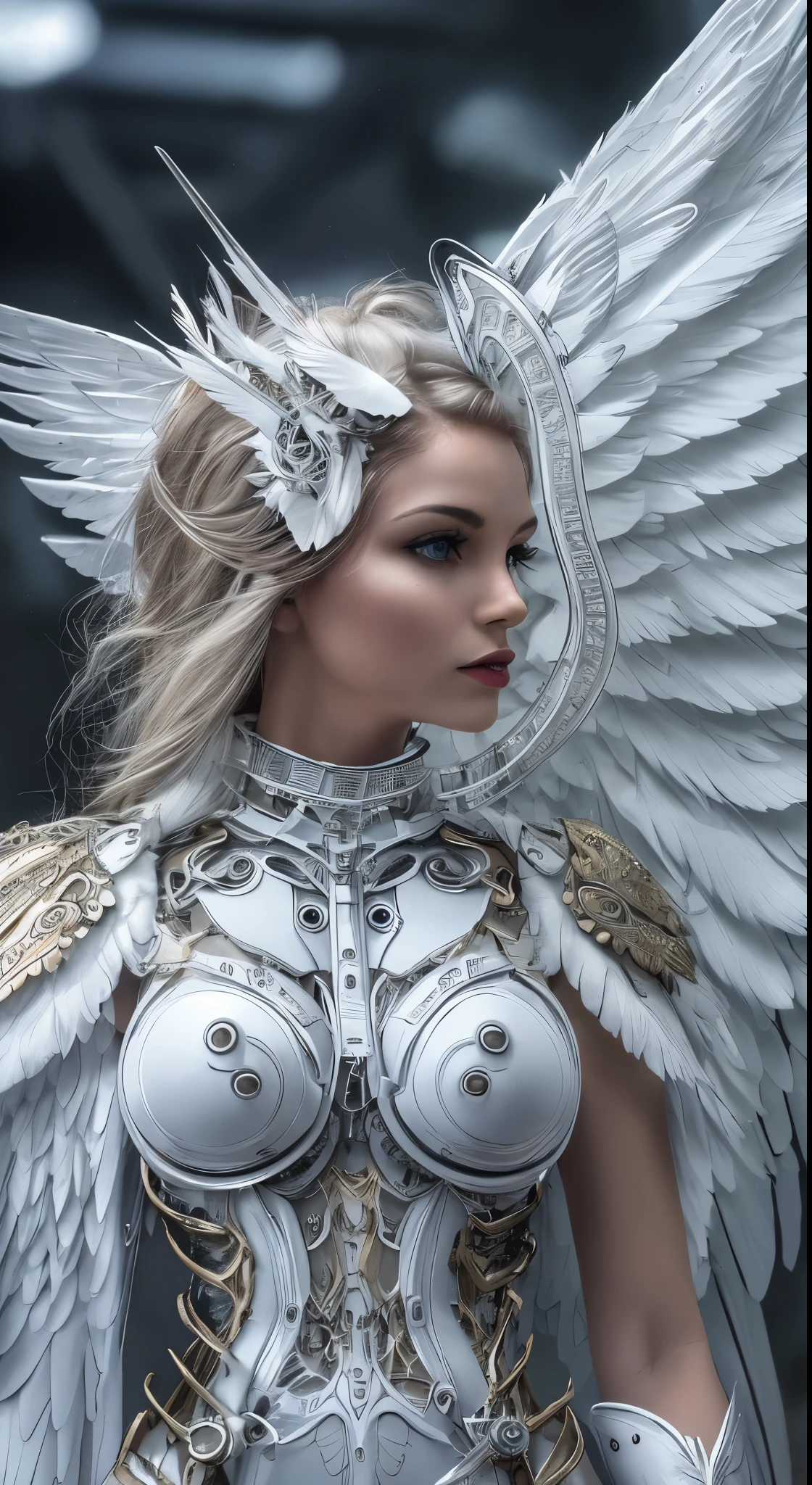 a close up of a woman in a white dress with wings, full body angel, futuristic robot angel, magnificent angel wings, angel knight gothic girl, angel in plastic armor, intricate costume design, as a mysterious valkyrie, whole body made of white feathers,, futuristic and fantastic, white wings, beautiful angelic wings, steampunk angel, beautiful cyborg angel girl, graceful wings