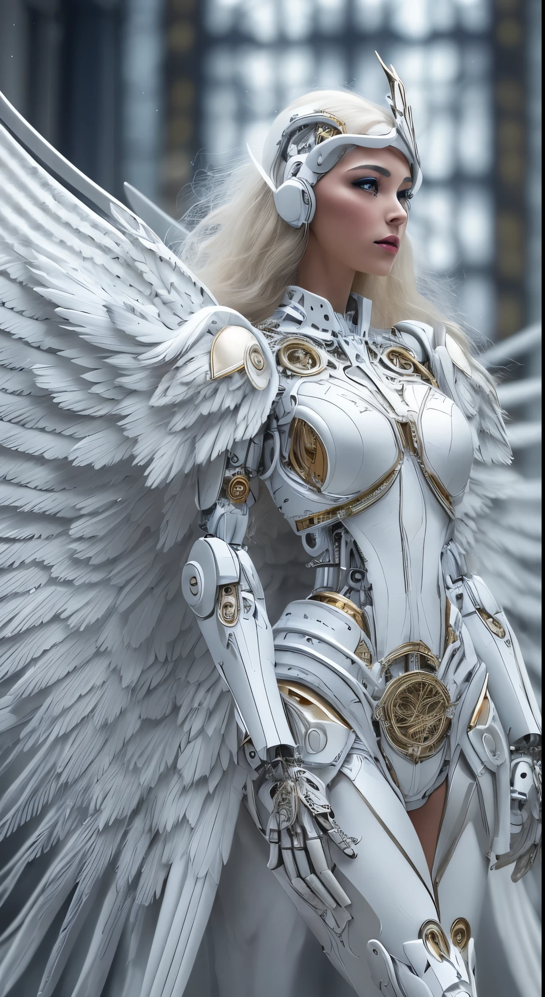 a close up of a woman in a white dress with wings, full body angel, futuristic robot angel, magnificent angel wings, angel knight gothic girl, angel in plastic armor, intricate costume design, as a mysterious valkyrie, whole body made of white feathers,, futuristic and fantastic, white wings, beautiful angelic wings, steampunk angel, beautiful cyborg angel girl, graceful wings