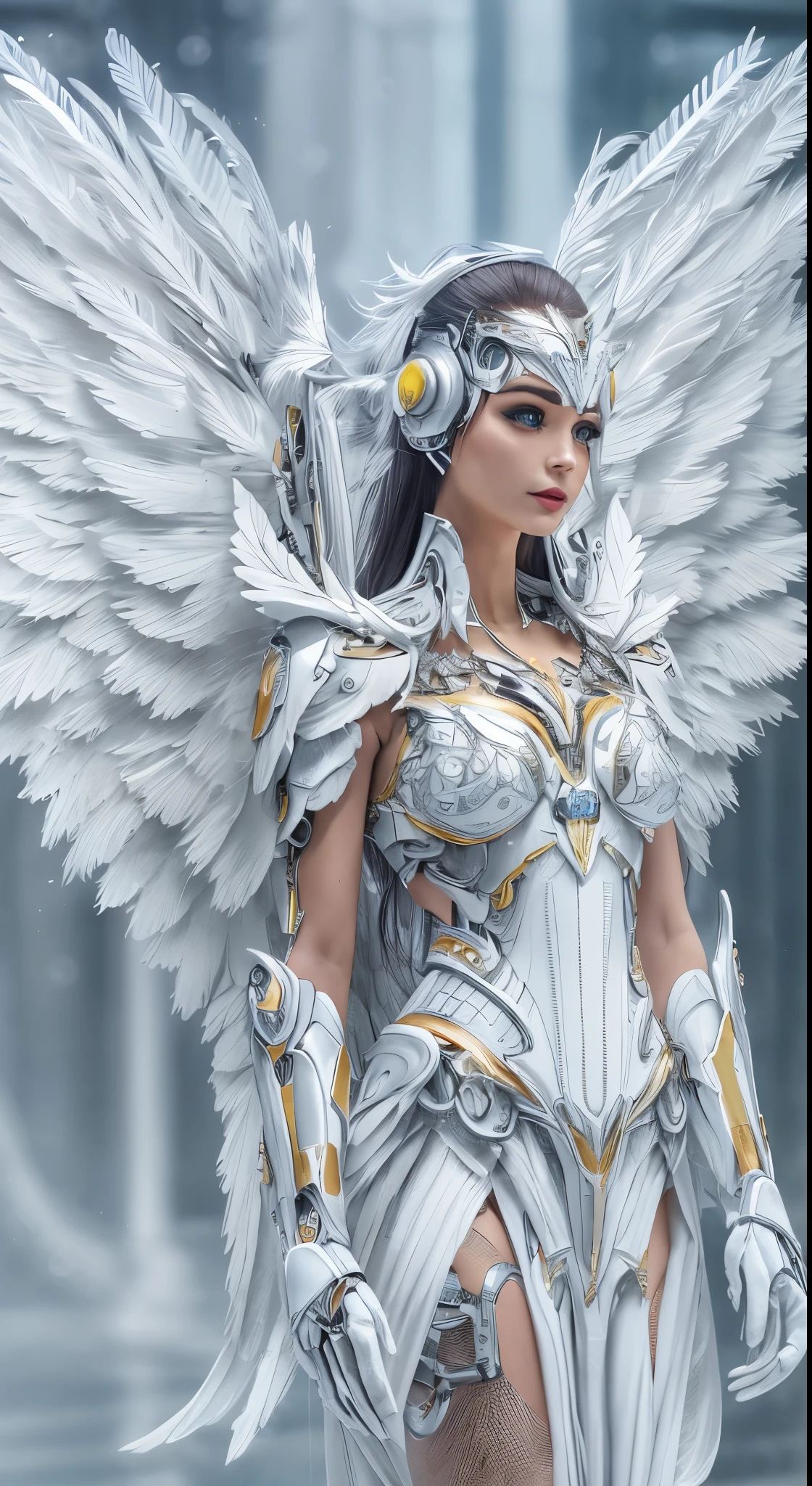 a close up of a woman in a white dress with wings, full body angel, futuristic robot angel, magnificent angel wings, angel knight gothic girl, angel in plastic armor, intricate costume design, as a mysterious valkyrie, whole body made of white feathers,, futuristic and fantastic, white wings, beautiful angelic wings, steampunk angel, beautiful cyborg angel girl, graceful wings