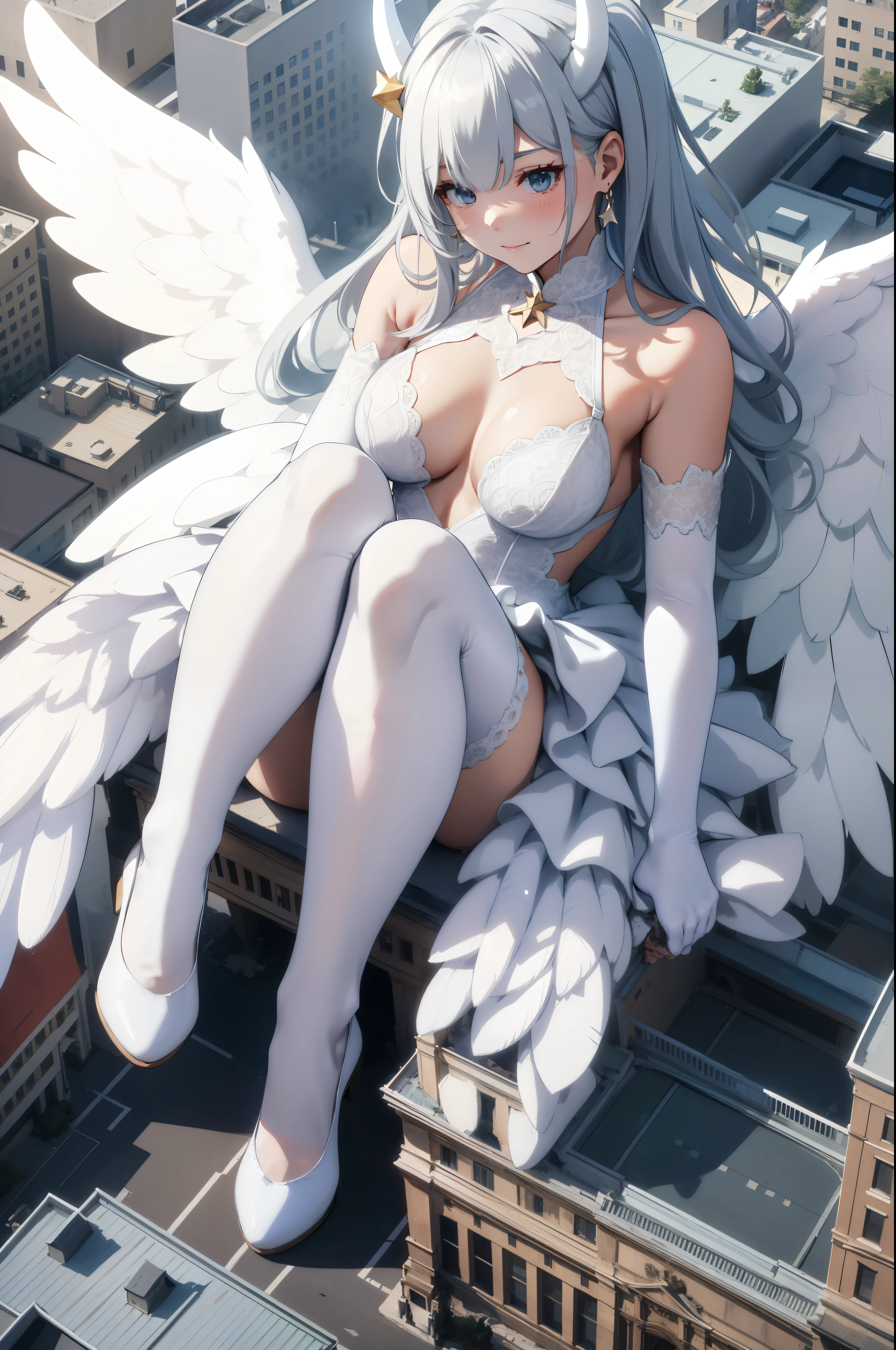 Aerial View,giant girl 50,000 feet high,Weight 1000kg,Has a pair of huge white angel wings,With huge devil horns on his head,Wearing a white crown on her head,Wearing white earrings,She has floor-length white hair.,loose hair,Long white wavy hair,Wearing a pair of white Mary Jane shoes,White lace gloves,White lace pantyhose,Bow and star embellished tights,白色蕾丝whole body,Standing tall above the small town,Beautiful appearance,Exquisite makeup,quality,8k,高quality,Perfect proportion, Cinema lighting,film grain,Fuji colors,8k,textured skin,Super details,high detail,high resolution,fake smile,blood stains,脚底有blood stains,whole body,fat,feather