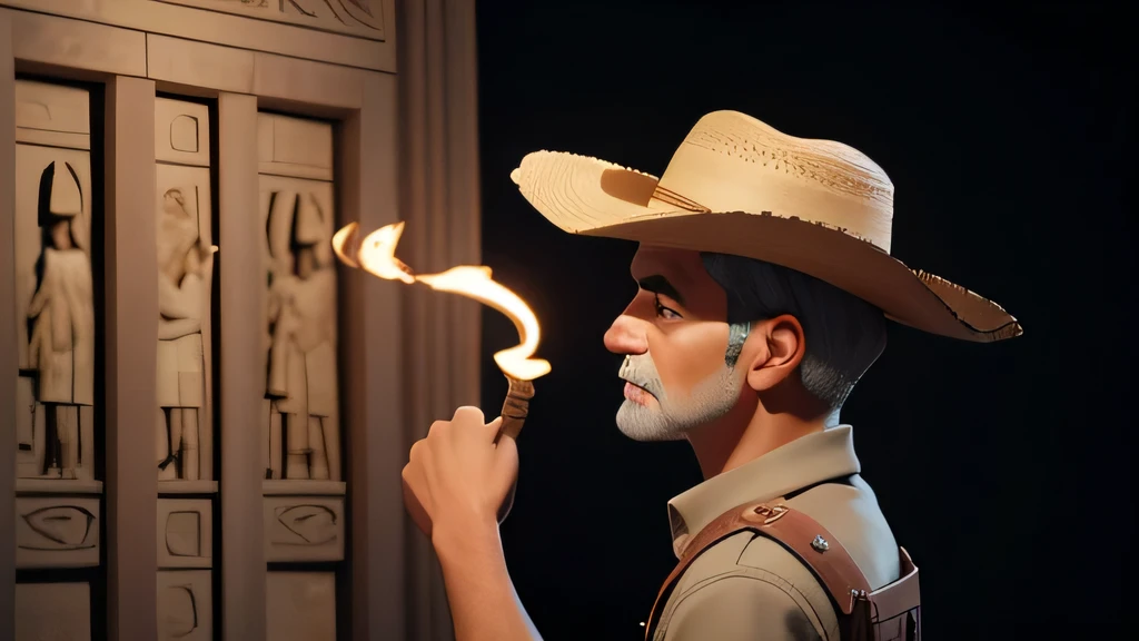 Egyptologist, who is 60 years old, wearing a beige buttoned shirt, cow boy hat and jeans with belt, from his back, in an excavation site, with a unique tomb door infront of him, he is amazed and astonished wide eyes. Focus on capturing his semi white hair, brunette brownish skin and stunning facial features, black eyes, 3d render.