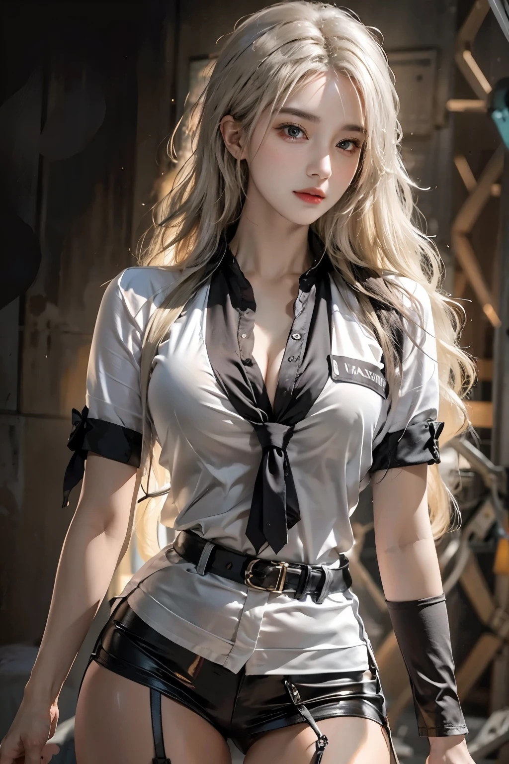realistic, High resolution, soft light,1 female, alone, hip up, glowing skin, (detailed face),tattoo, jewelry, Secretarial Uniform, white shirt, black skirt, black stockings, garter belt, night, blonde hair, wavy hair, Beautiful Soldier, Eyes that invite the viewer, lover's perspective, an inviting look, sexy smile, perfect style, perfect balance, fine skin, naughty look, I can see your chest