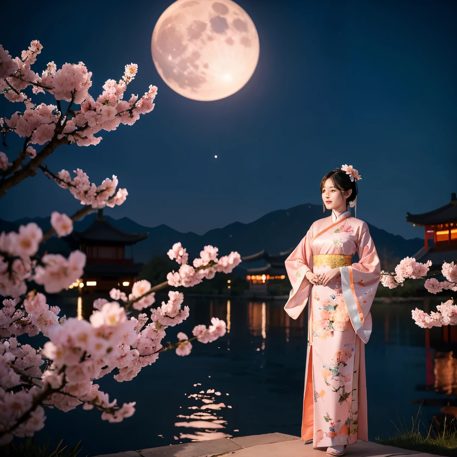 Under the moonlight,blooming peach tree,Peach blossoms flutter in the wind,A girl in Chinese costume is standing