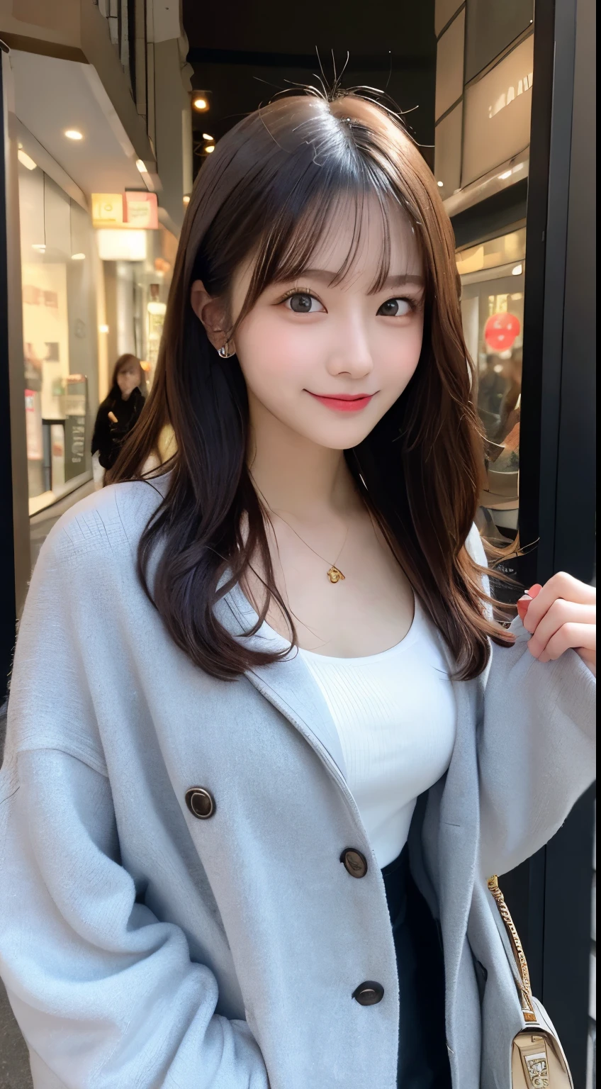 table top, highest quality, figure, super detailed, finely, High resolution, 8k wallpaper, 完璧なダイナミックな構figure, beautiful and fine eyes, tokyo fashion(Winter clothes),medium hair,small breasts natural color lip, bold sexy pose,smile,Harajuku、20 year old girl、cute、sexy shot looking at camera