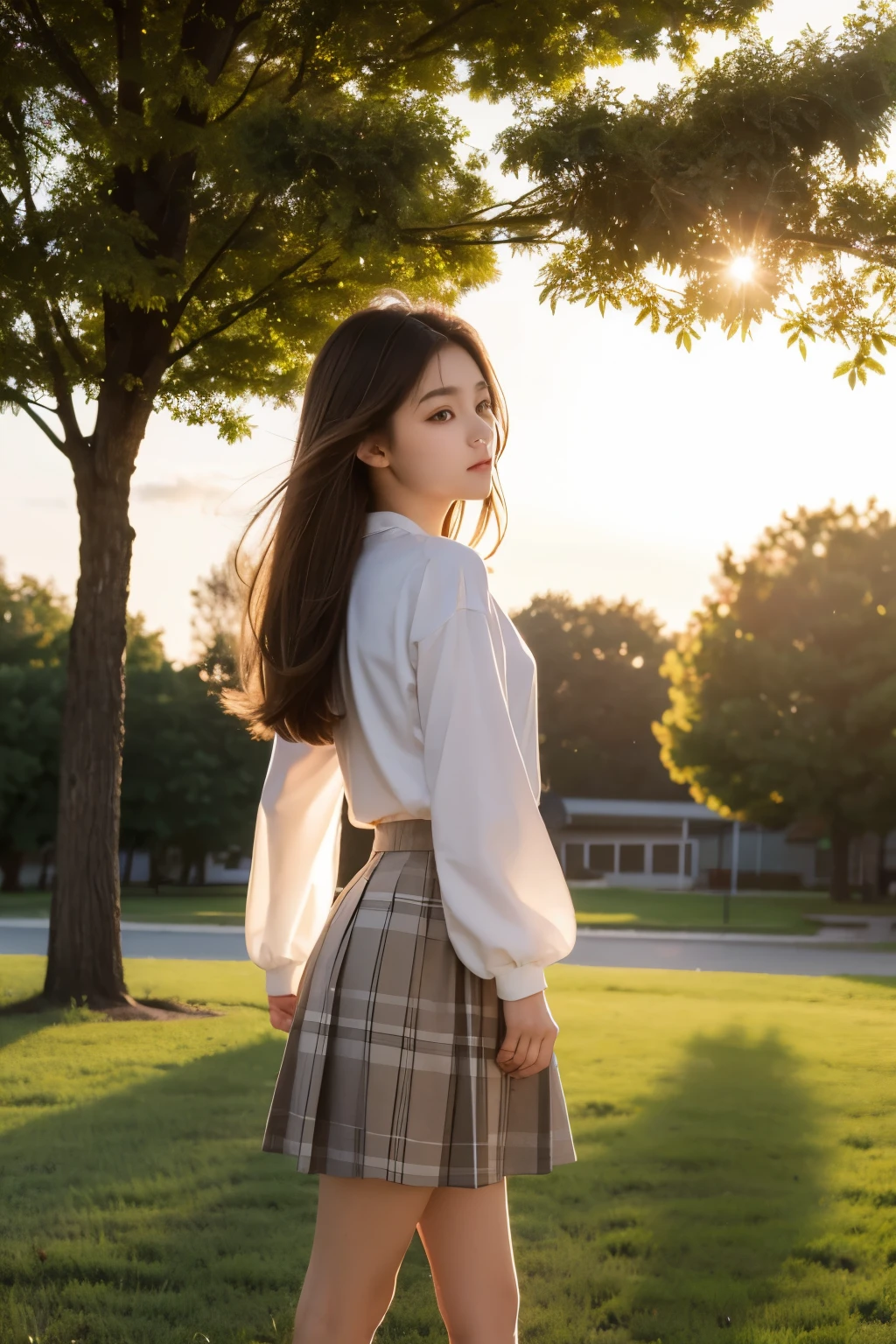 Sally Acorn, 1 girl, alone, Tree, Sky, outdoor, skirt, cloud, Brown, hair, sun set, lens, flare, wind景, School, ,  wind, long, sleeve, animal nose