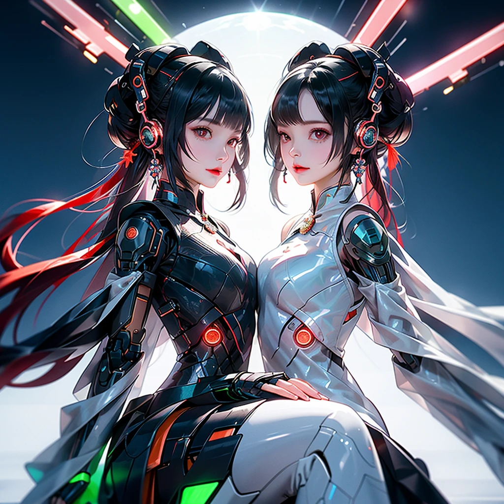 masterpiece, Highest quality, 2 ((smile)) Cyberpunk girls standing together, Harajuku Cyberpunk Body Harness, Bold colors and patterns, Eye-catching accessories, Trendy and innovative hairstyles, Stunning cyberpunk cityscapes, skyscraper, Glowing neon signs, LED Light, Anime illustration, Detailed skin texture, Detailed cloth texture, Beautifully detailed face, Intricate details, Super detailed, Cinema Lighting, Strong contrast.